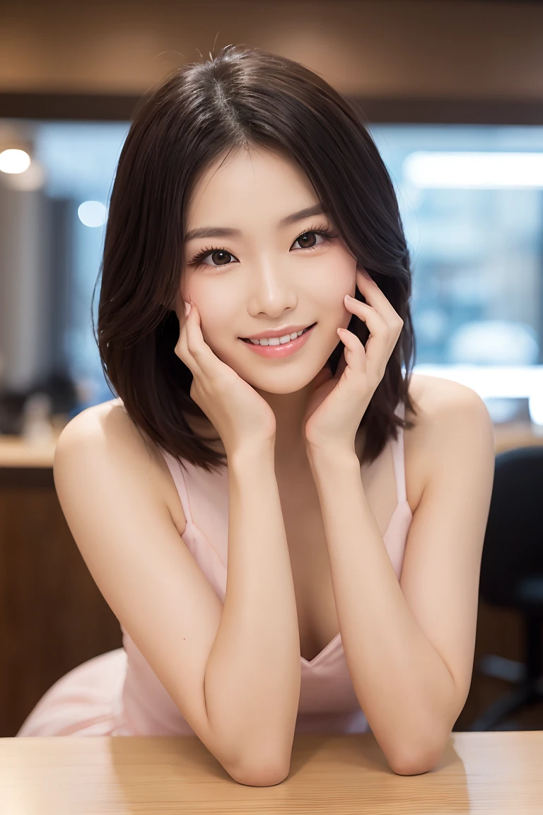 ((highest quality)), ((masterpiece)), (Familiar), Perfect Face, masterpiece、highest quality、High resolution、wallpaper、Realistic、Bright lighting、Professional Lighting、Face Light、Smooth lighting、Japanese women、20th Gen Midplate、so beautiful、Beautiful Skin、Beautiful and detailed、Familiar顔、slim、moderately、short hair、Brunette colored hair、Brown eyes、Looking at the camera、Cafe sofa、 commercial photography, Beautiful Instagram Influencer Girls, The best smile,Daytime、one piece