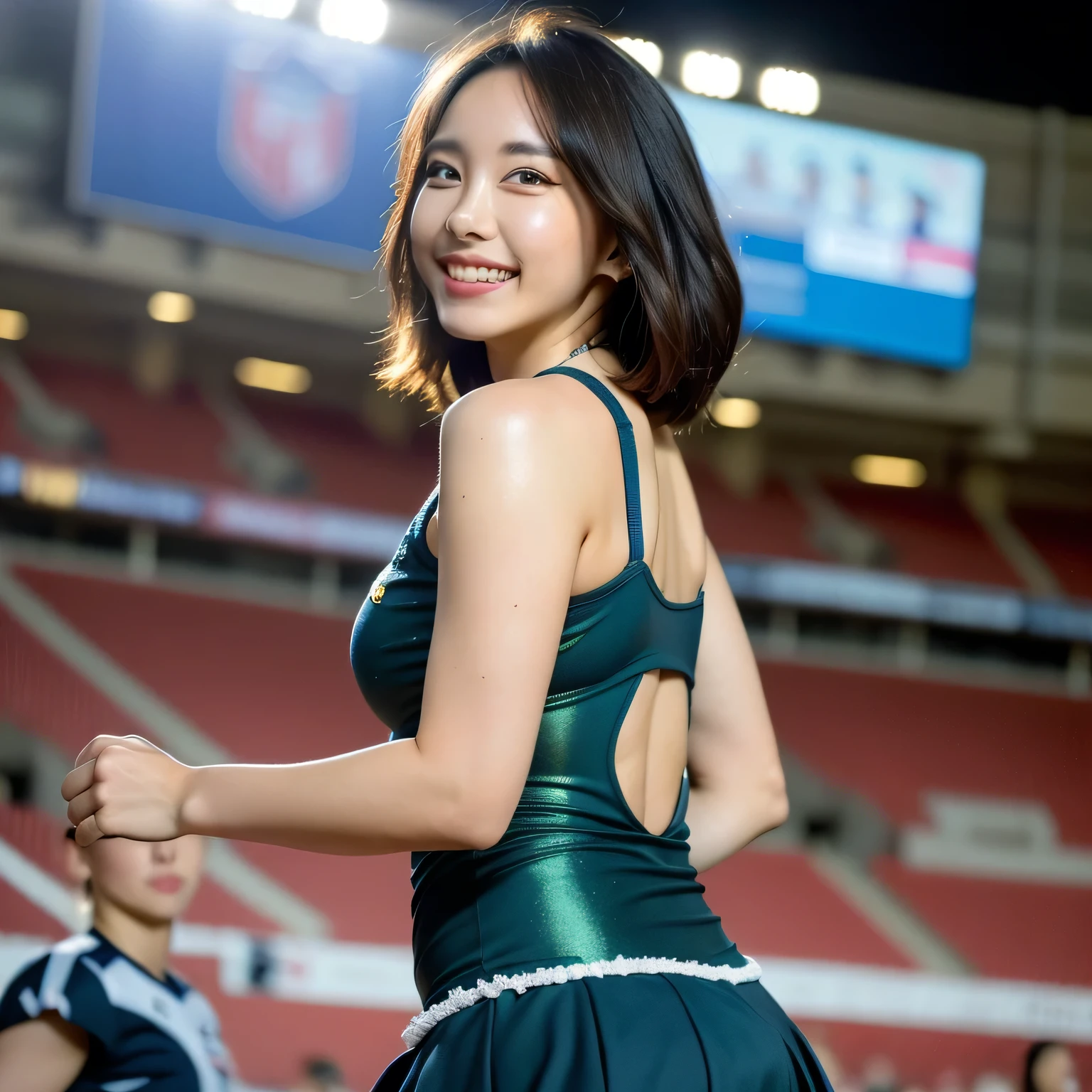A young woman in a vibrant cheerleader costume stands under the dazzling floodlights of a soccer stadium. Her outfit, with a flared miniskirt and a bold, bright bow, sways with her energetic movements. She grips blue pompoms, their metallic shine catching the light as they flutter. One leg lifts high in an impressive cheerleading pose, showcasing her athleticism and grace. The stadium roars with excitement, the night sky contrasting against the vibrant green field. Her radiant smile and spirited presence energize both the players and the crowd, embodying the electric energy of the game.White panties are visible.
A 20-year-old woman smiles gently, friendly. (RAW photos, top quality), (realistic, photo-realistic:1.4), masterpiece, extremely delicate and beautiful, highly detailed, 2k wallpaper, ultra-detailed CG unity 8k wallpaper, ultra detail, high res, soft light, beautifully detailed girl looking back, extremely detailed eyes and face, beautifully detailed nose, cinematic lighting, perfect anatomy, slender body. Dark hair, bob haircut, dark eyes.