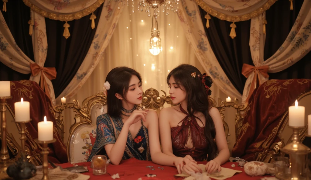 Two beautiful black-haired women are facing each other and doing tarot readings.。