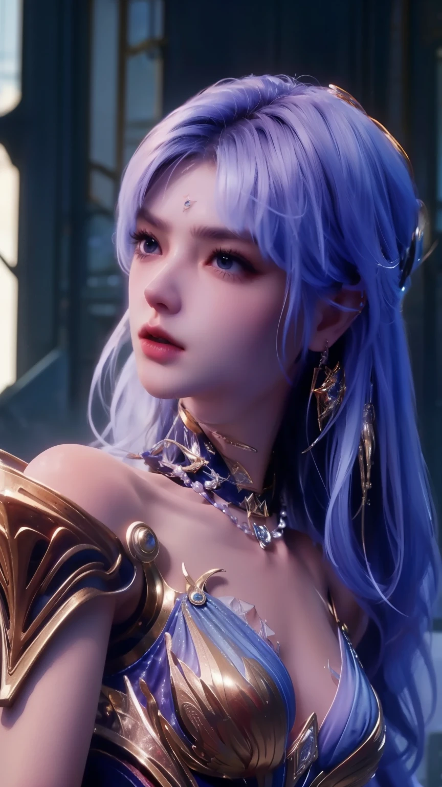 Masterpiece, best quality, ultra high quality,
(crystalstexture skin:1.2), (extremely delicate and beautiful),
1girl, solo, jewelry, long hair,bare shoulders, purple hair, looking at viewer,earrings, delicate lace, lace, white skin, pale skin, 3d, (large breasts:1.2), hair ornament, soft lighting, natural lighting, day, sky, wisteria, outdoors, detail color, ferpect lighting, Glowing skin, oil skin,