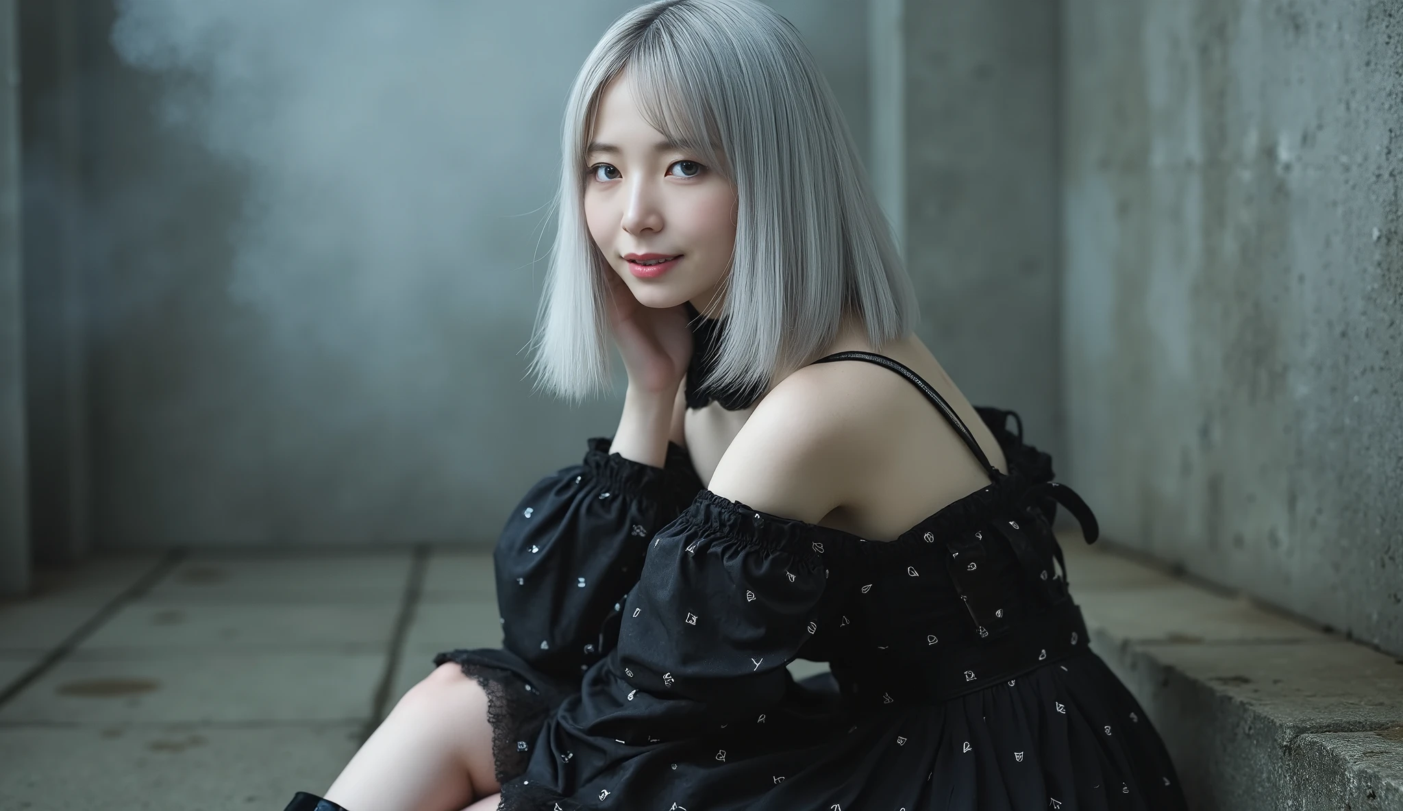 (masterpiece, Best Quality, Super Detail, hyperrealistic gothic girl :1.3), Beautiful cute Siberian IG model, glamorous body , happy, April Rendering, (full body shot of hair in backlight, sitting, ACTIVE POSES:1.2), (Detailed wear, Full Body Wear :1.2), monochrome costume , choose a fitted corset bodice with a black and white diamond pattern, accentuates the waist , Ruffled Layers , off-shoulder blouse in contrasting black and white shades , create an unusual touch with oversized bows , Legs in nylon , with exaggerated ruffles and pleats、It creates volume and drama, loose extra long silver hair , (Detailed medium breasts , Detailed Body Line , Detailed legs and calves), (very thin waist, firm big chest , big butt, Beautiful sexy legs:1.3), White, beautiful, smooth skin, thin and short neck , (Little Sana Head, Xiaoyan), Little Sana Head, Detailed Faces, Cute ( Slim Oval Face :1.3), Grin, Gothic Makeup, Perfectly aligned teeth , perfect beautiful teeth, blue eyes, eyes, Shining drooping eyes, silver hair, Look for others, (In the concrete, fog, mist, steam),