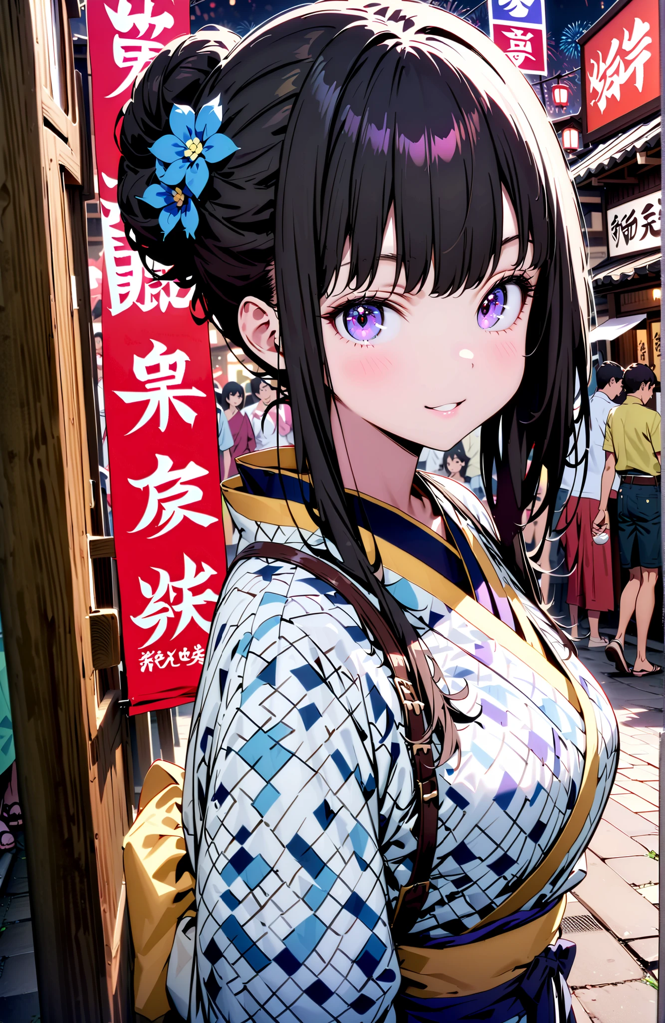 Takiuchikami, check it out, bungs, black hair with a young pattern, purple eyes,smile,cover,open your mouth,narrows her eyes,side lock,single bun hair,Medium breast,flower hair ornament,Blue flower pattern kimono,standing,Light up fireworks,Japanese stalls ,Red Lantern,night,full bodyがイラストに入るように,break outdoors, Japanese Festival,
break looking at viewer,full body,
break (masterpiece:1.2),Best Quality ,Kampala,unity 8k 壁紙,(shape:0.8),( fine and beautiful eyes :1.6),It's a person ,full body写真,CG Details , (perfect hand,complete anatomy),