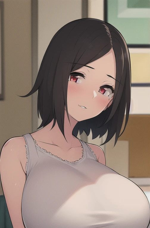 ((masterpiece)), (Highest quality), (detailed), (1 Girl),White cropped camisole,Red eyes,Black Hair、Huge breasts、Very short hair、