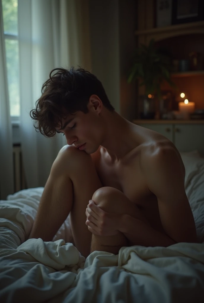 (photorealism:1.2), handsome femboy man, cumming in bed, naked with bare shoulders, long curly hair, indoors, soft lighting, plants in the background, window with sunlight, cozy bedroom