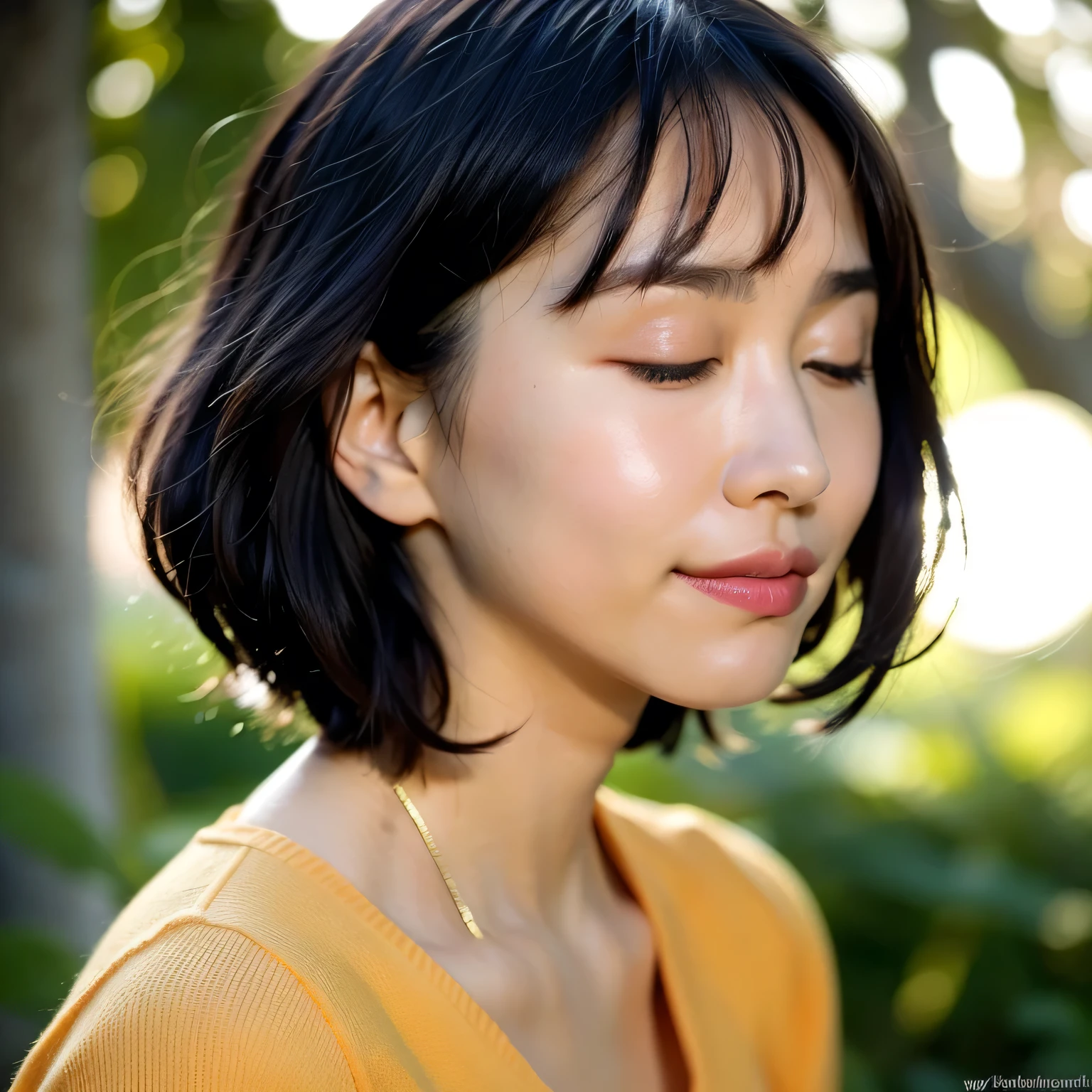 A breathtakingly beautiful 20-year-old woman stands in a lush green park at sunset, bathed in the warm golden light of the evening sun. Facing forward, her eyes gently closed, cheeks slightly flushed, and her face tilted upward as if anticipating a kiss, she embodies serenity and romance. The soft hues of the sunset complement the tranquil surroundings, enriching the dreamy atmosphere. Dark hair, bob haircut, dark eyes.