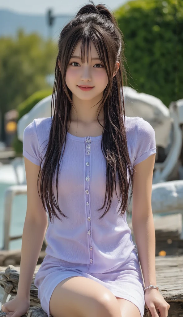(8K, RAW Photos, Highest quality, masterpiece:1.2), (Realistic, photo-Realistic:1.4), (Highly detailed 8K wallpapers), ((Full Body Shot)), (1 girl), Sharp focus, Depth of written boundary, Cinematic lighting, Soft Light, 緻密な美しさのeye, eye_Chan, Very beautiful 17 year old girl, innocent big eyes, (Green Eyes), Realistic, photo Realistic, Highly detailed cute girl, (Thin thighs), (Model Body Type), 18-year-old, (((Sports tank top))), ((Purple and white striped low rise high leg panties)), (((Fold your arms in front of your chest and act arrogantly))), ((A happy smile)), Parted lips, Watching the audience, (At an indoor stadium) , (Brown Hair),(Long Bob Hair)