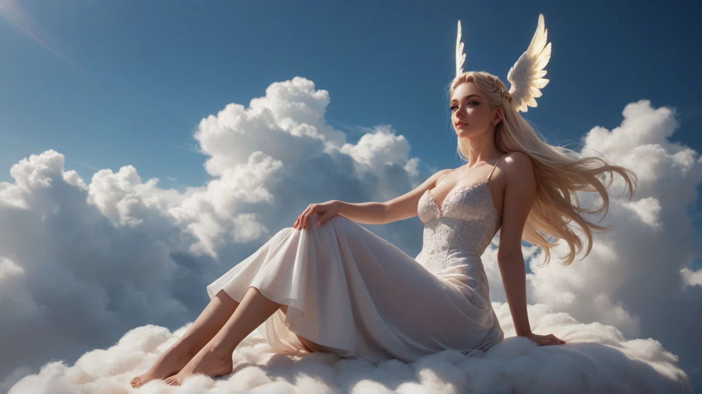 ((A serene summer scene with an ultra-high-definition, realistic angel flying gracefully in the sky)), The angel is facing towards the camera with lifelike facial features and detailed textures, The angel has intricately detailed white wings, fully extended as it soars through the air in an elegant, natural pose, The angel has platinum blonde hair flowing gently in the wind, with realistic light reflections and highlights, emphasizing the sensation of movement, The angel is dressed in a flowing white outfit, adding a sense of purity and grace, The angel holds a silver staff, adding a touch of mystique and power, The theme color of the scene is blue, reflected in the angel's attire, the sky, and the overall color palette The background features a clear summer sky with a soft, highly detailed rainbow arching across it, enhancing the feeling of wonder and beauty, ((The scene takes place in a celestial world, with floating islands and ethereal clouds, adding a magical and otherworldly atmosphere Soft, white clouds accompany the rainbow, adding depth to the sky)), Below, a green land and blue ocean are visible from a high angle, with realistic lighting and shadows, The landscape features gently rolling hills and a distant, vividly detailed sea, as seen from a high vantage point in this sky-bound world, The image is captured in a vertical 9:16 aspect ratio, emphasizing ultra-realistic textures, depth, and the dynamic nature of flight in a heavenly realm,"full-body shot"
