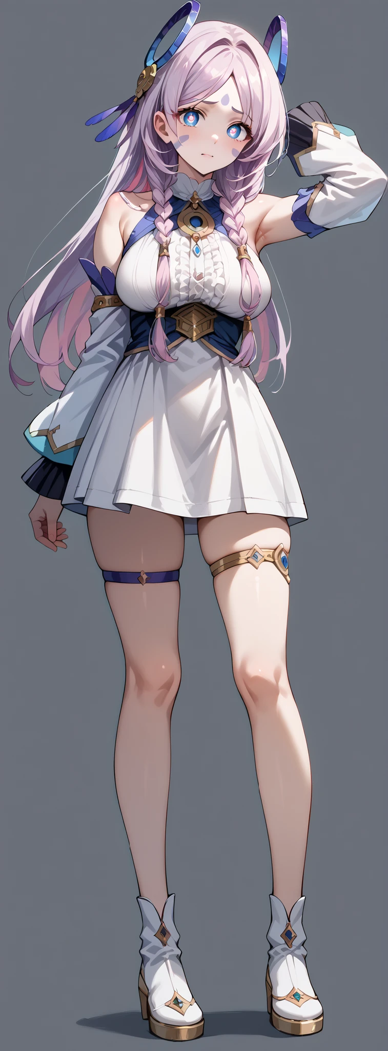 score_9, score_8_up, score_7_up, source_anime, 4K,perfect fingers,(perfect hands, perfect anatomy),prefect lighting, very aesthetic, intricate details,highly detailed background, masterpiece, high quality, best quality,
citlali, blue eyes, bright pupils, facial mark, long hair, multicolored hair, pink hair, purple hair, hair intakes, braid, twin braids, parted bangs, hair ornament,Large Breast
wearing ((thigh strap, detached sleeves, bare shoulders, dress, )) ,,
Standing, A sagging breast, ((White plain background:1.5)) , Nervous female is standing with her right hand clenched into fist and looking up