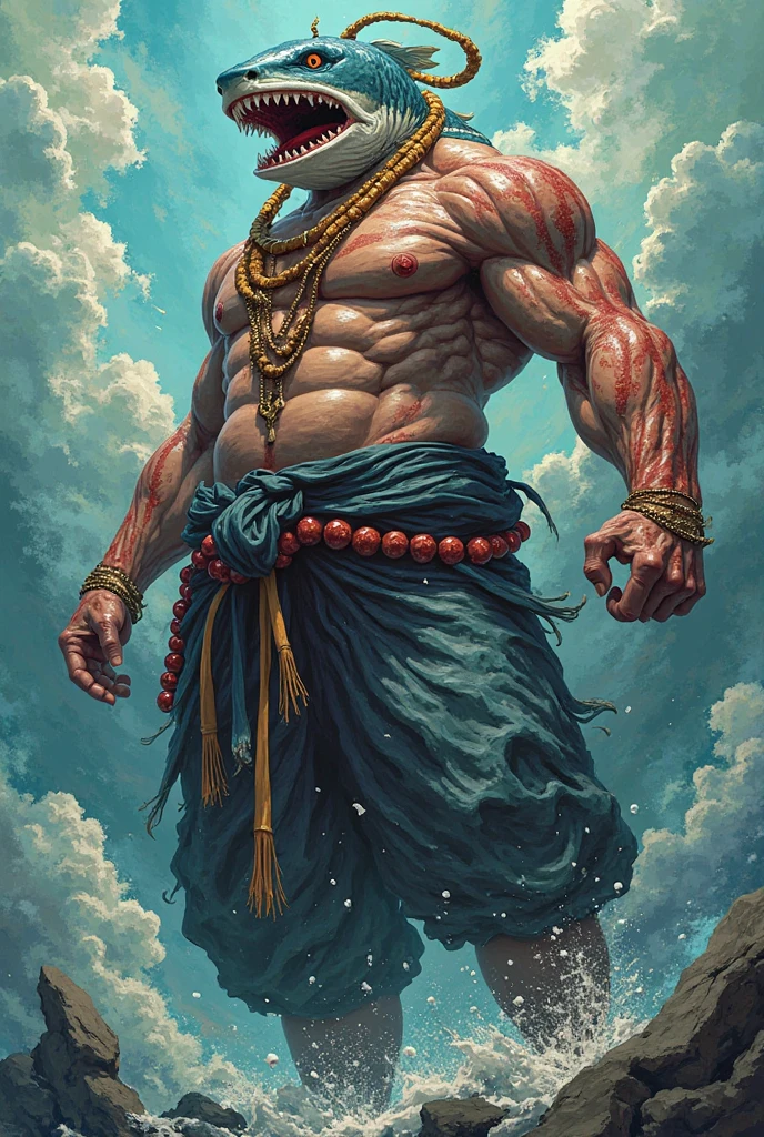D&D, Goliath, monk, grey skin, yellow eyes, tribal tattoos, bald, muscular, athletic, red meditation bead necklace, rope tied in arms, scars, cartoon