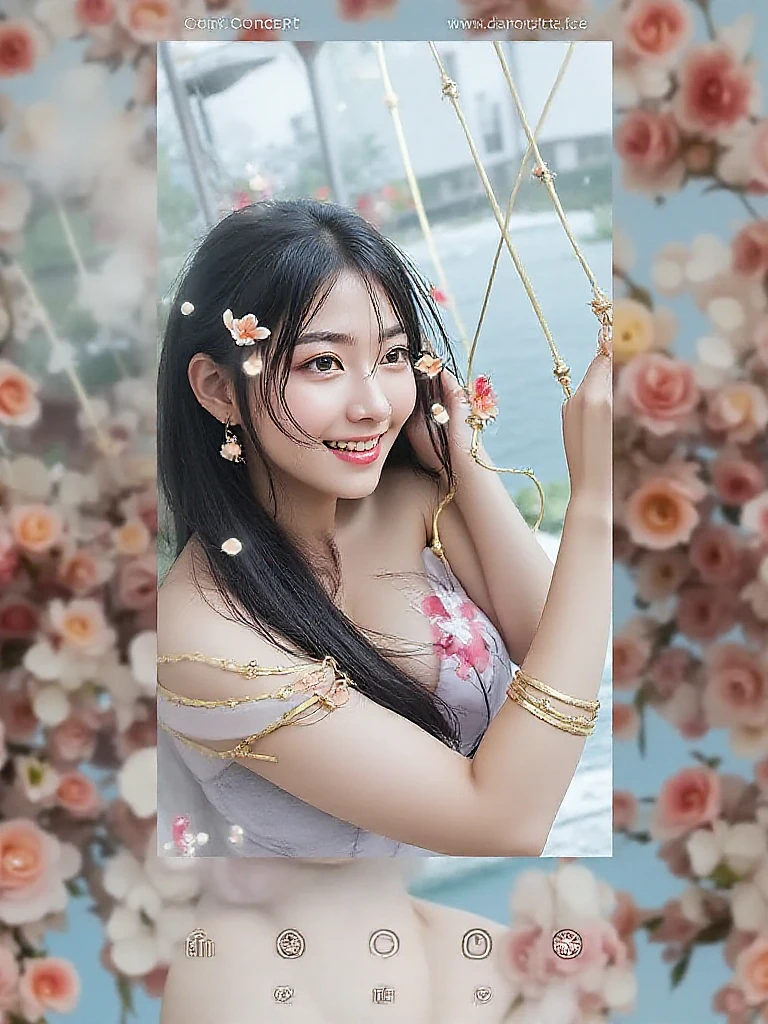Best quality, masterpiece, ultra high res, (photorealistic:1.4), raw photo, 1girl, white dress, off shoulder, blossom flower field, glowing skin, light smile