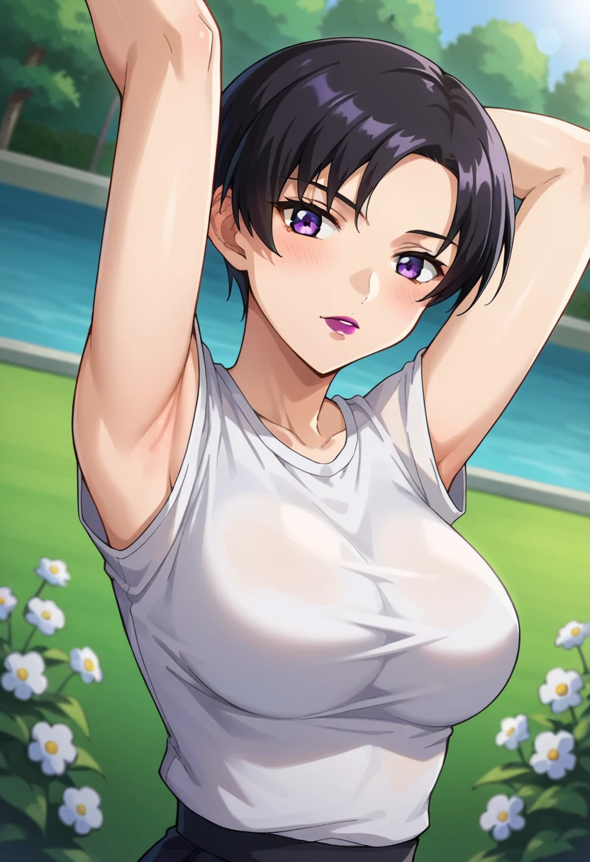 masterpiece, best quality, looking at viewer, upper body, portrait, looking at viewer, seductive smile, put your hands behind your head, armpits, armpits visible, sweaty armpits, shizuka, very large breasts, short purple hair, wearing pink tanktop,