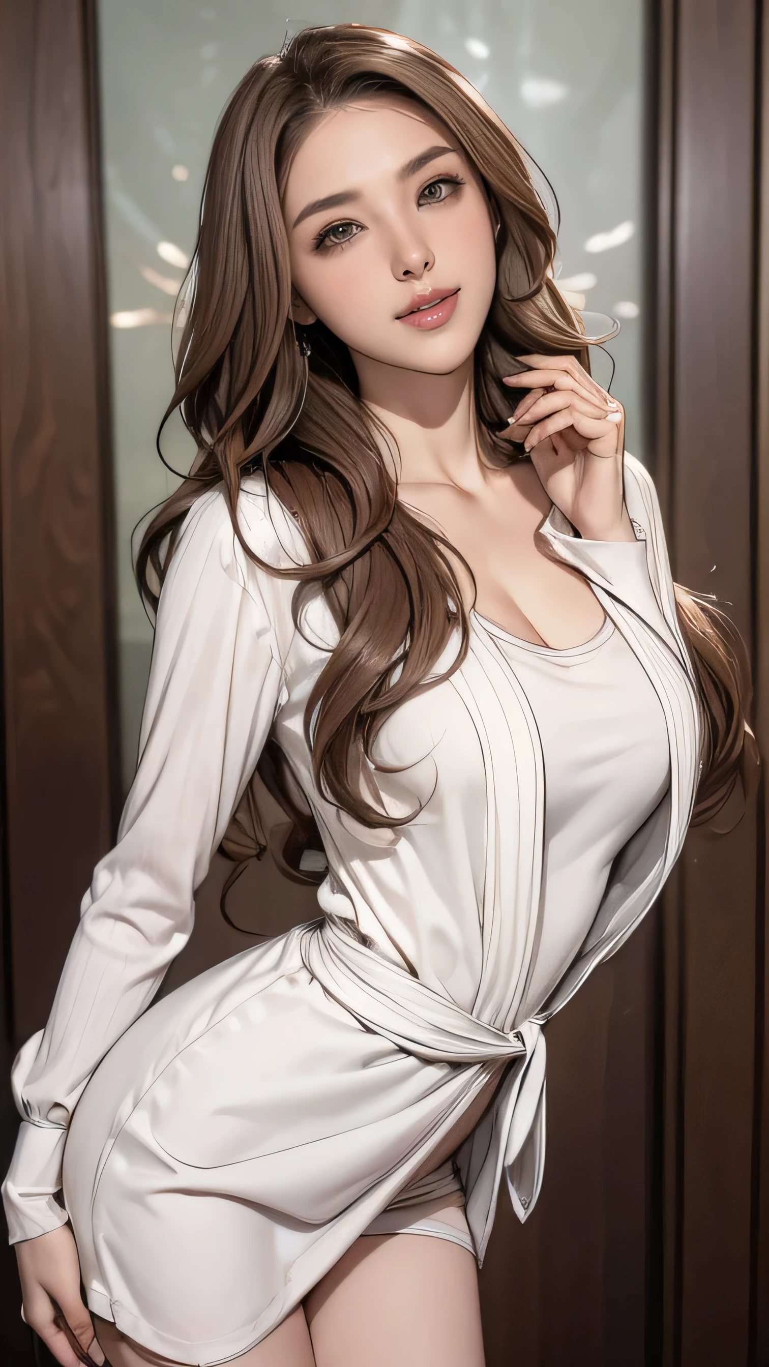 (masterpiece:1.3), high resolution, ultra detailed, extremely detailed CG unity 8k wallpaper, realistic, photo-realistic, RAW photo, beautiful detailed face, pale skin, realistic glistening skin, detailed cloth texture, detailed hair texture, Perfect body, Beautiful Face, accurate, Anatomically correct, Highly detailed face and skin texture, natural neck length, (beautiful hands), (fair skin:1.2), Thin legs, Thin feet, Detailed eyes, symmetric eyes, Light Brown eyes, Double eyelids, Thin eyebrows, (Glossy lips:1.4), ((gently smile:1.2)), (blush:1.1), (A Classy and Cute girl:1.3),fullbody shot、((full figure supermodel standing, entire body in frame))((Super long brown hair,Hair with loose waves inside,Hair reaching down to the waist:1.3))((wearing a white shirt mini dress:1.4)、