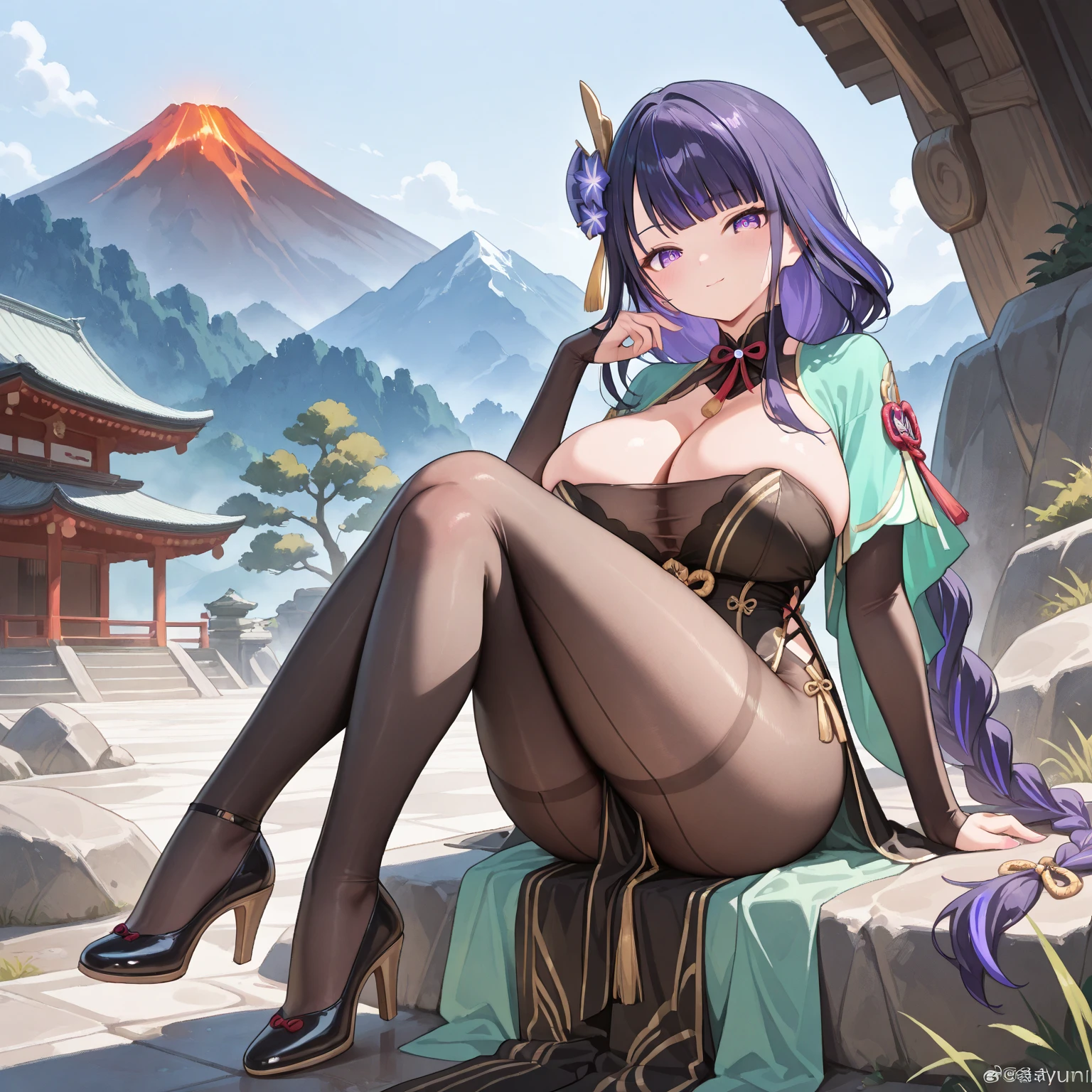 one arafed woman with purple hair and green eyes, japanese tattoo sleeve on her right arm, sexy wear, sfw, japanese temple