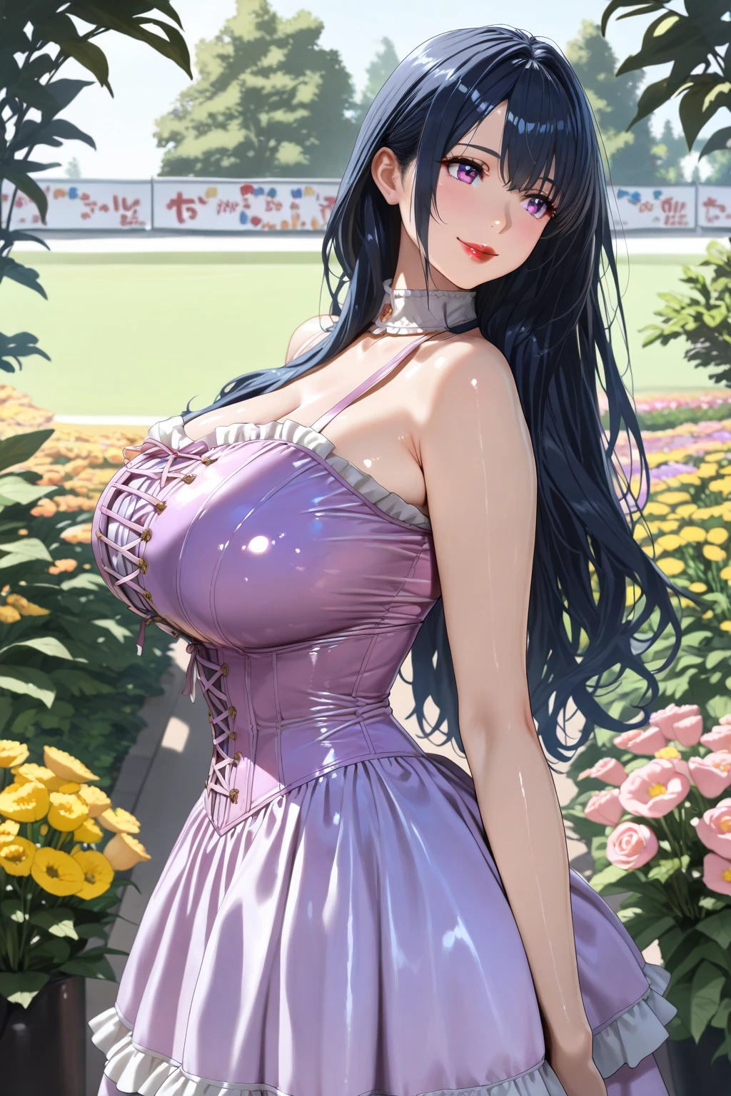 ((Best Quality)), ((masterpiece)), (detailed), 1 girl with a short floral dress with a neckline and blue hair ,Brown hair, Brown eyes, a landscape of a park, big breasts, ((Front view))