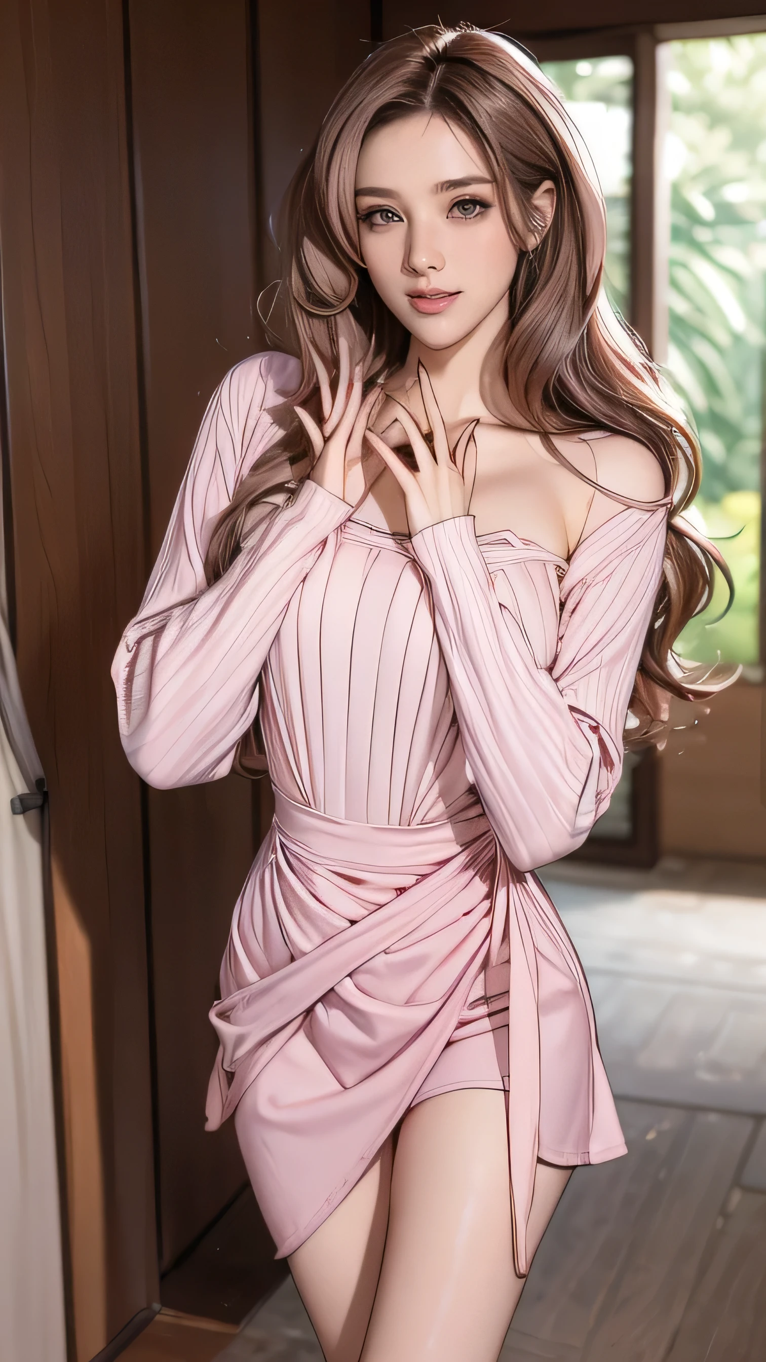 (masterpiece:1.3), high resolution, ultra detailed, extremely detailed CG unity 8k wallpaper, realistic, photo-realistic, RAW photo, beautiful detailed face, pale skin, realistic glistening skin, detailed cloth texture, detailed hair texture, Perfect body, Beautiful Face, accurate, Anatomically correct, Highly detailed face and skin texture, natural neck length, (beautiful hands), (fair skin:1.2), Thin legs, Thin feet, Detailed eyes, symmetric eyes, Light Brown eyes, Double eyelids, Thin eyebrows, (Glossy lips:1.4), ((gently smile:1.2)), (blush:1.1), (A Classy and Cute girl:1.3),fullbody shot、((full figure supermodel standing, entire body in frame))((Super long brown hair,Hair with loose waves inside,Hair reaching down to the waist:1.3))((wearing a pink and white shirt mini dress:1.4)、((run her fingers through her hair:1.5))))