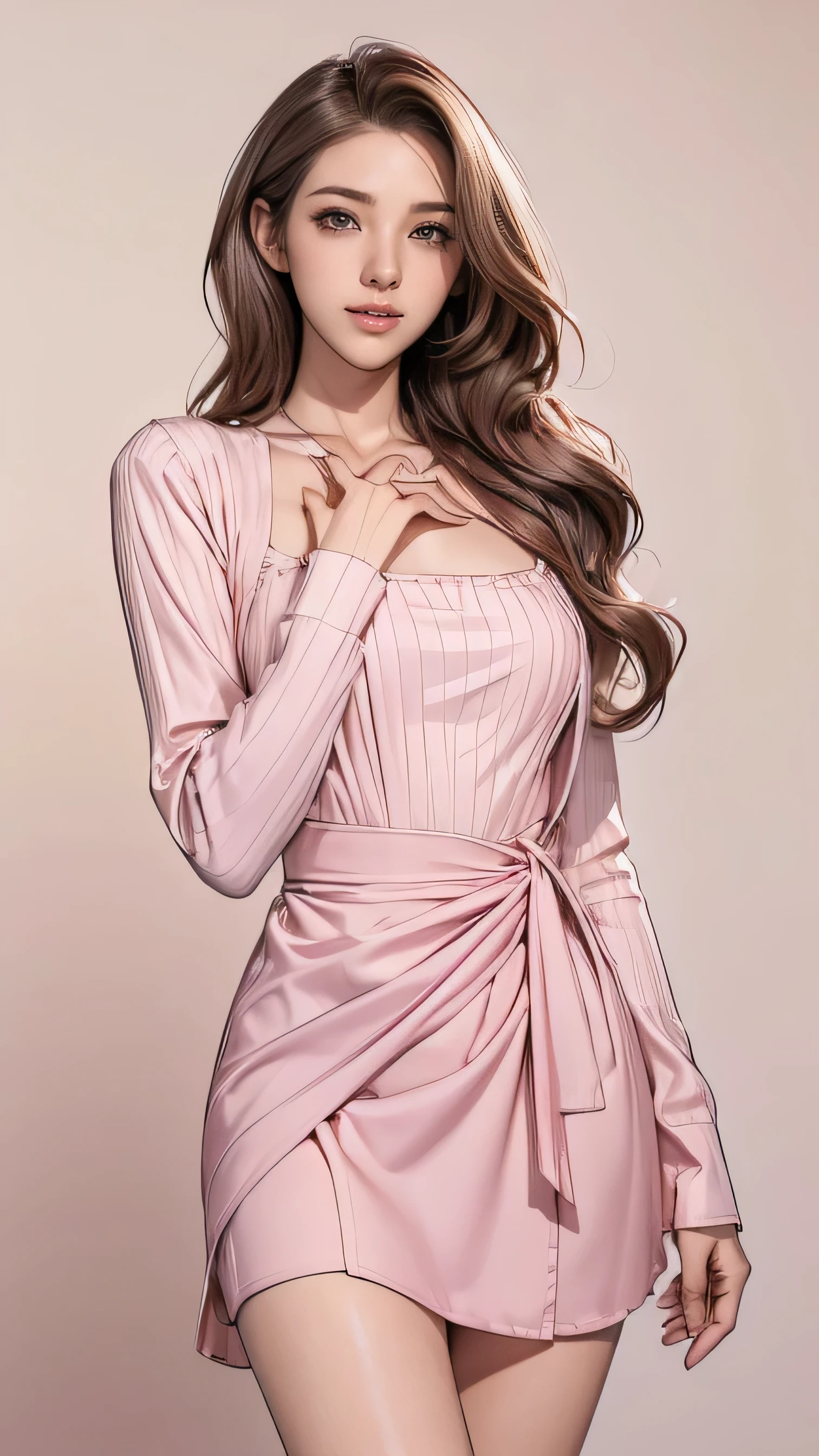 (masterpiece:1.3), high resolution, ultra detailed, extremely detailed CG unity 8k wallpaper, realistic, photo-realistic, RAW photo, beautiful detailed face, pale skin, realistic glistening skin, detailed cloth texture, detailed hair texture, Perfect body, Beautiful Face, accurate, Anatomically correct, Highly detailed face and skin texture, natural neck length, (beautiful hands), (fair skin:1.2), Thin legs, Thin feet, Detailed eyes, symmetric eyes, Light Brown eyes, Double eyelids, Thin eyebrows, (Glossy lips:1.4), ((gently smile:1.2)), (blush:1.1), (A Classy and Cute girl:1.3),fullbody shot、((full figure supermodel standing, entire body in frame))((Super long brown hair,Hair with loose waves inside,Hair reaching down to the waist:1.3))((wearing a pink and white shirt mini dress:1.4)、((run her fingers through her hair:1.5))))