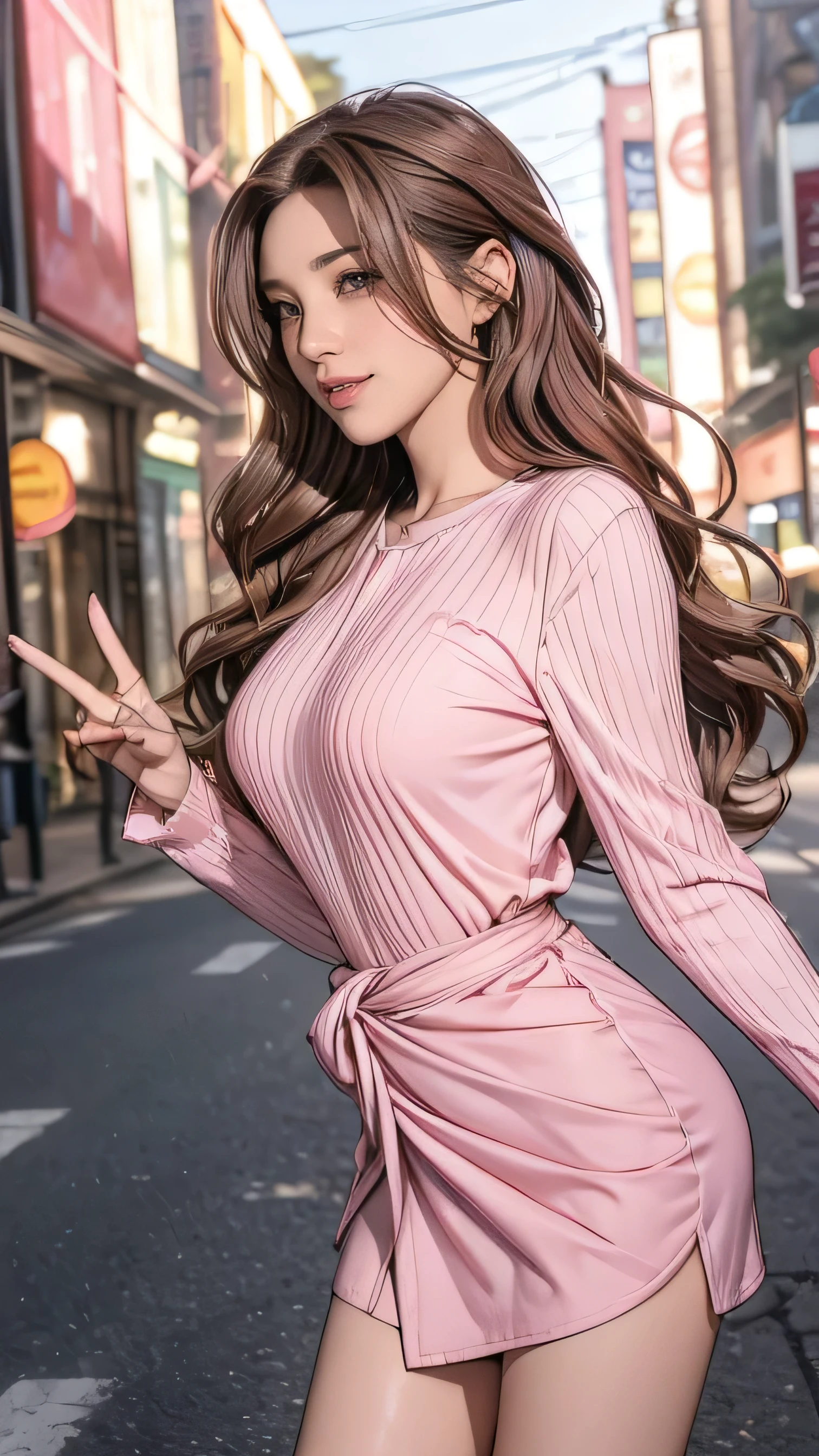 (masterpiece:1.3), high resolution, ultra detailed, extremely detailed CG unity 8k wallpaper, realistic, photo-realistic, RAW photo, beautiful detailed face, pale skin, realistic glistening skin, detailed cloth texture, detailed hair texture, Perfect body, Beautiful Face, accurate, Anatomically correct, Highly detailed face and skin texture, natural neck length, (beautiful hands), (fair skin:1.2), Thin legs, Thin feet, Detailed eyes, symmetric eyes, Light Brown eyes, Double eyelids, Thin eyebrows, (Glossy lips:1.4), ((gently smile:1.2)), (blush:1.1), (A Classy and Cute girl:1.3),fullbody shot、((full figure supermodel standing, entire body in frame))((Super long brown hair,Hair with loose waves inside,Hair reaching down to the waist:1.3))((wearing a pink and white shirt mini dress:1.4)、((run her fingers through her hair:1.5))))((In the hustle and bustle of town:1.4))