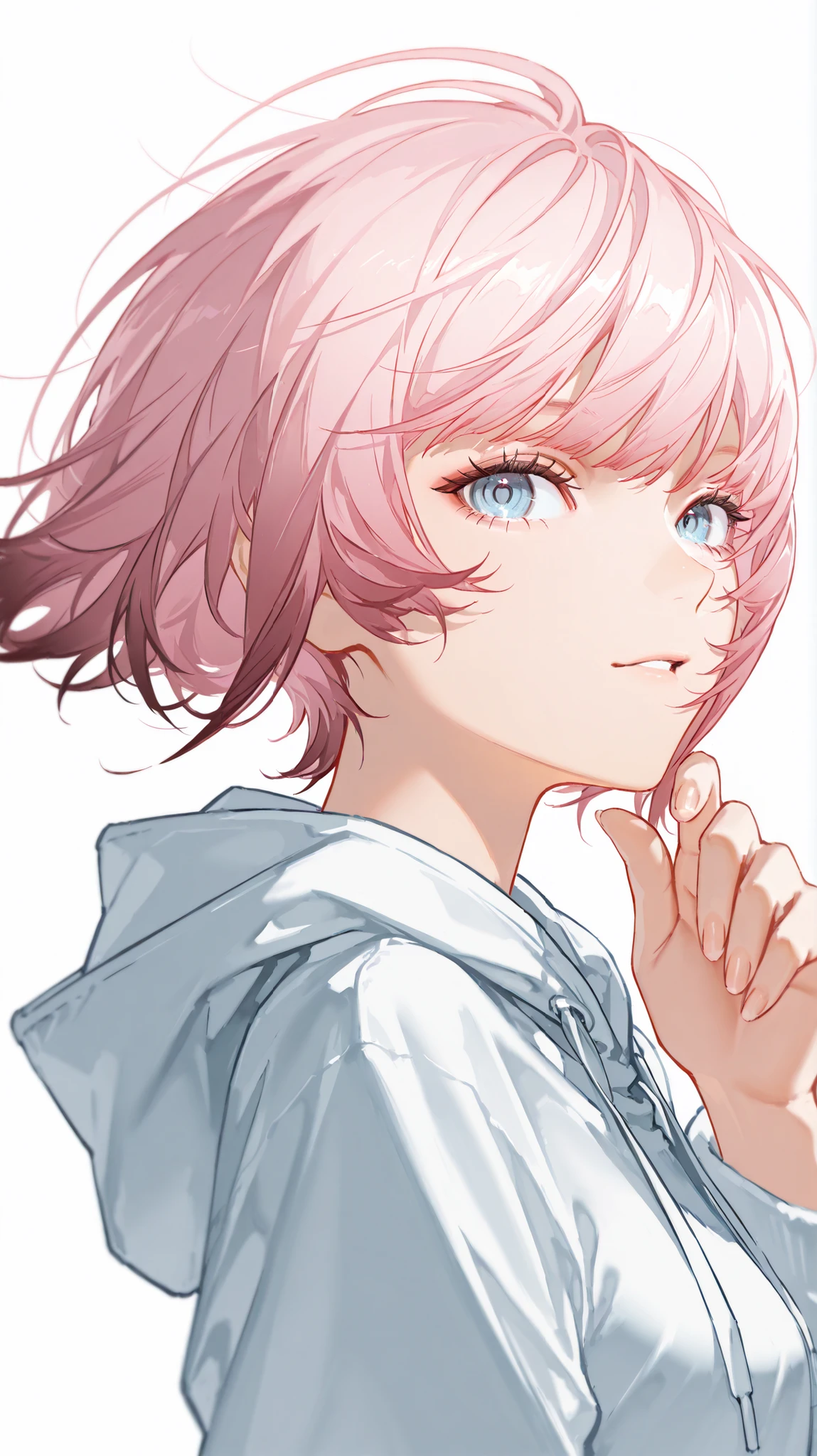 1girl, pink hair, dynamic, blue eyes, high detailed eyes, simple background, looking at the viewer, stylish, wolf cut hair, upper body, white hoodie, arknights-like outfit, from side, no ears, cool girl, Detailed perspective. Realistic style, with fine details. High level of detail in the character's face and hands. Character style suggestive of a fantasy or game-related character design. --ar 16:9 --v 5
