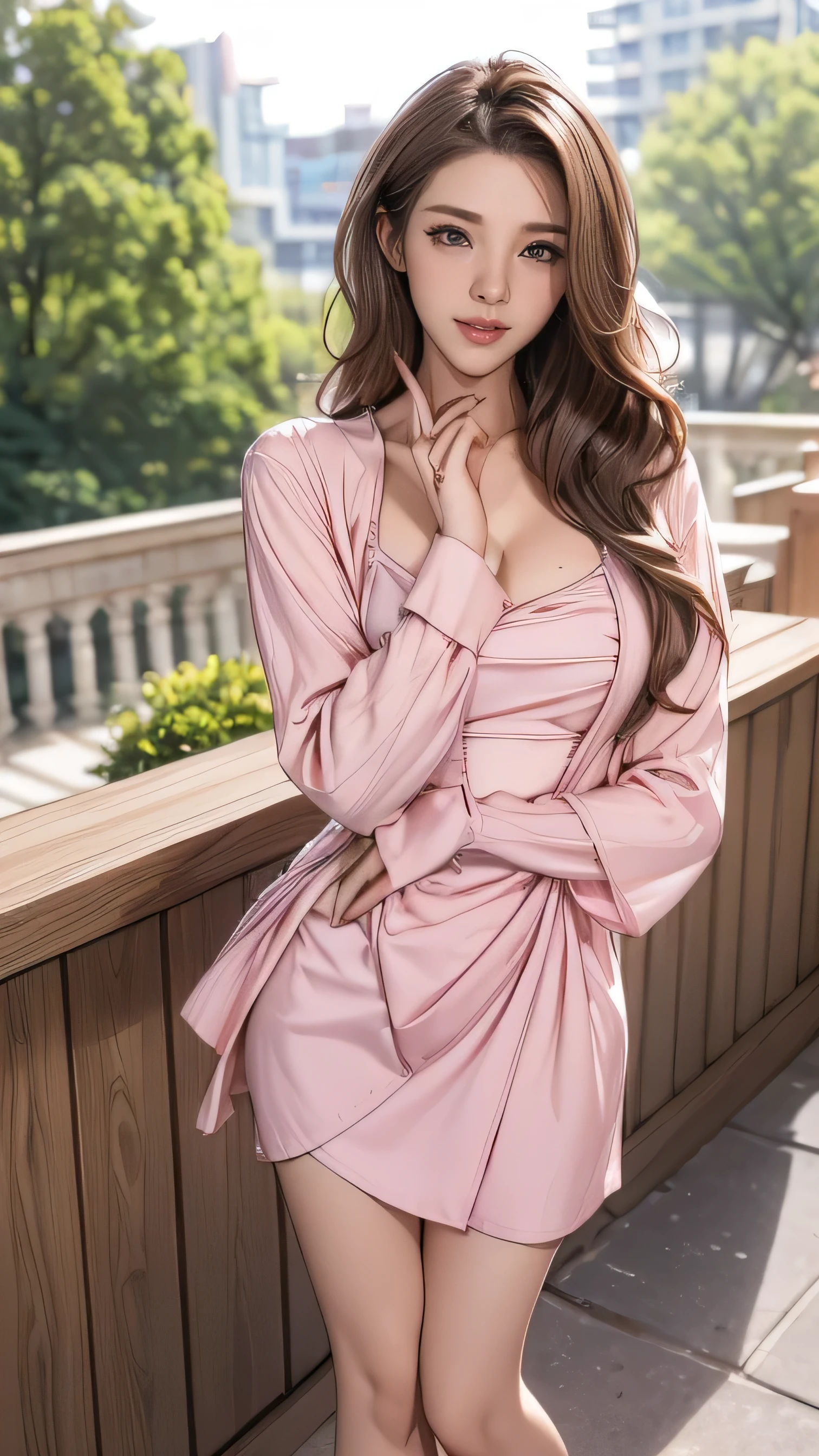 (masterpiece:1.3), high resolution, ultra detailed, extremely detailed CG unity 8k wallpaper, realistic, photo-realistic, RAW photo, beautiful detailed face, pale skin, realistic glistening skin, detailed cloth texture, detailed hair texture, Perfect body, Beautiful Face, accurate, Anatomically correct, Highly detailed face and skin texture, natural neck length, (beautiful hands), (fair skin:1.2), Thin legs, Thin feet, Detailed eyes, symmetric eyes, Light Brown eyes, Double eyelids, Thin eyebrows, (Glossy lips:1.4), ((gently smile:1.2)), (blush:1.1), (A Classy and Cute girl:1.3),fullbody shot、((full figure supermodel standing, entire body in frame))((Super long brown hair,Hair with loose waves inside,Hair reaching down to the waist:1.3))((wearing a pink and white shirt mini dress:1.4)、((run her fingers through her hair:1.5))))(((On the open terrace of the cafe, blurred background:1.3)),