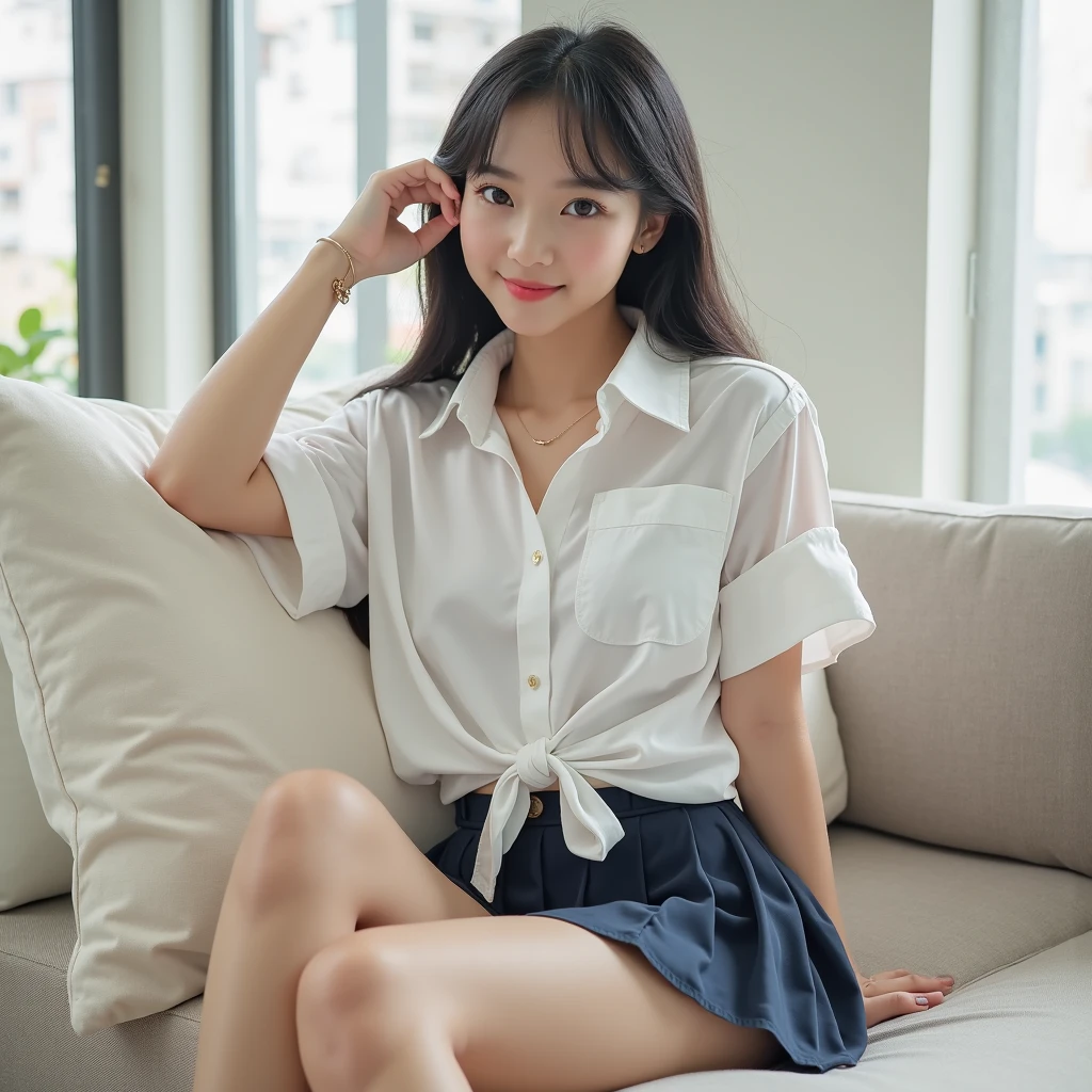 Beautiful Girl 18 years old is sitting and smiling in University. She wear see through shirt and small mini skirt. Small legs, brown belt , put on make up, pink mouth, sexy post.