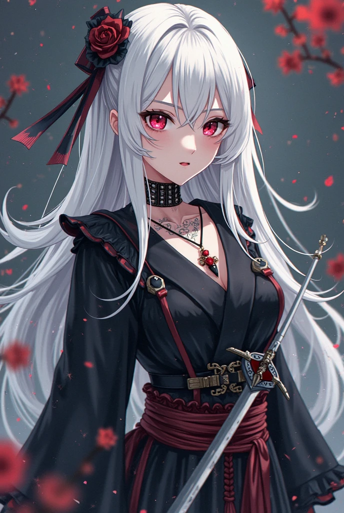 High resolution、Girl、Silver Hair、Long Hair,(),Lion ears、Grey Eyes、Slender、Toned body、Samurai,fencer,Tattoo,