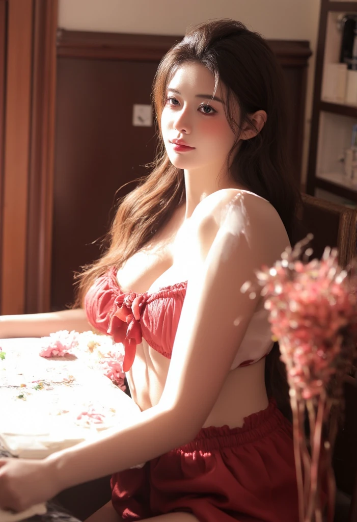 Ancient Greek maiden, ancient greek clothes, Woman, Pure smile, Caravaggio's paintings, Rose flower, fruits, big tits ton、 ,Caravaggio Chiaroscuro, Dark background,Expression of pleasure,Cute smile,burst into laughter