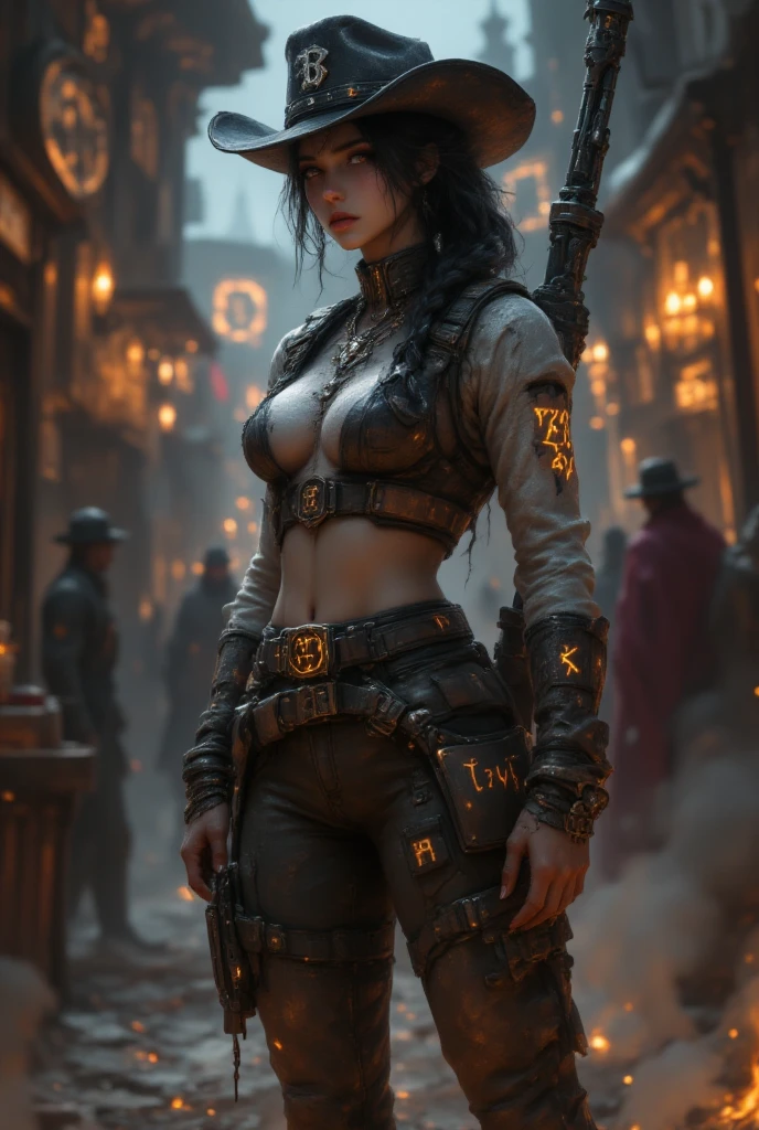 (American Shot), A man with a very Beautiful Steampunk Girl in a movie poster pose, carrying guns, Steampunk Fantasy, Girl with (Very Light Eyes), A Beautiful Steampunk GoddessGirl, (Small Breast) girl, ((Small Hips)) girl, girl height 5' 3'' inches, (Looking At Camera), Wearing a large number of steampunk accessories on clothing that glow or are illuminated, Steampunk Digital Art, Mechanized Valkyrie Girl, very warm atmosphere image, orange tones.