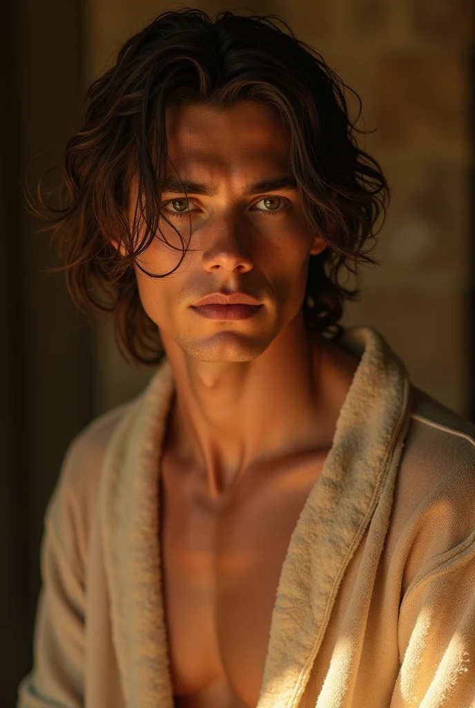 adam driver, (half body shot), (low angle camera shot), inside a cabin, (exposed big hairy chest and abs:1.4), unzipped brown jacket exposing his big pecs and abs and hairy chest, looking at viewer, adam driver (extremely accurate and detailed facial features fo adam driver:1.2) , large bare feet, big bulge in crotch, muito bonito, Beautiful, long neck, hairy chest, protruding ears, big nose, freckles. showing big feet. large erect penis, hairy body, ginger.