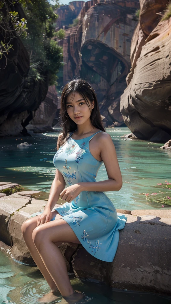 1 beautiful young woman, 20 years old, wearing sarong, bathing at a waterfall, detailed face and eyes, beautiful skin, peaceful expression, serene waterfall landscape, natural light, vibrant colors, (best quality,4k,8k,highres,masterpiece:1.2),ultra-detailed,(realistic,photorealistic,photo-realistic:1.37),detailed environment, lush greenery, dramatic lighting, cinematic composition, intricate details,Perfect hand, ((Perfect fingers)).