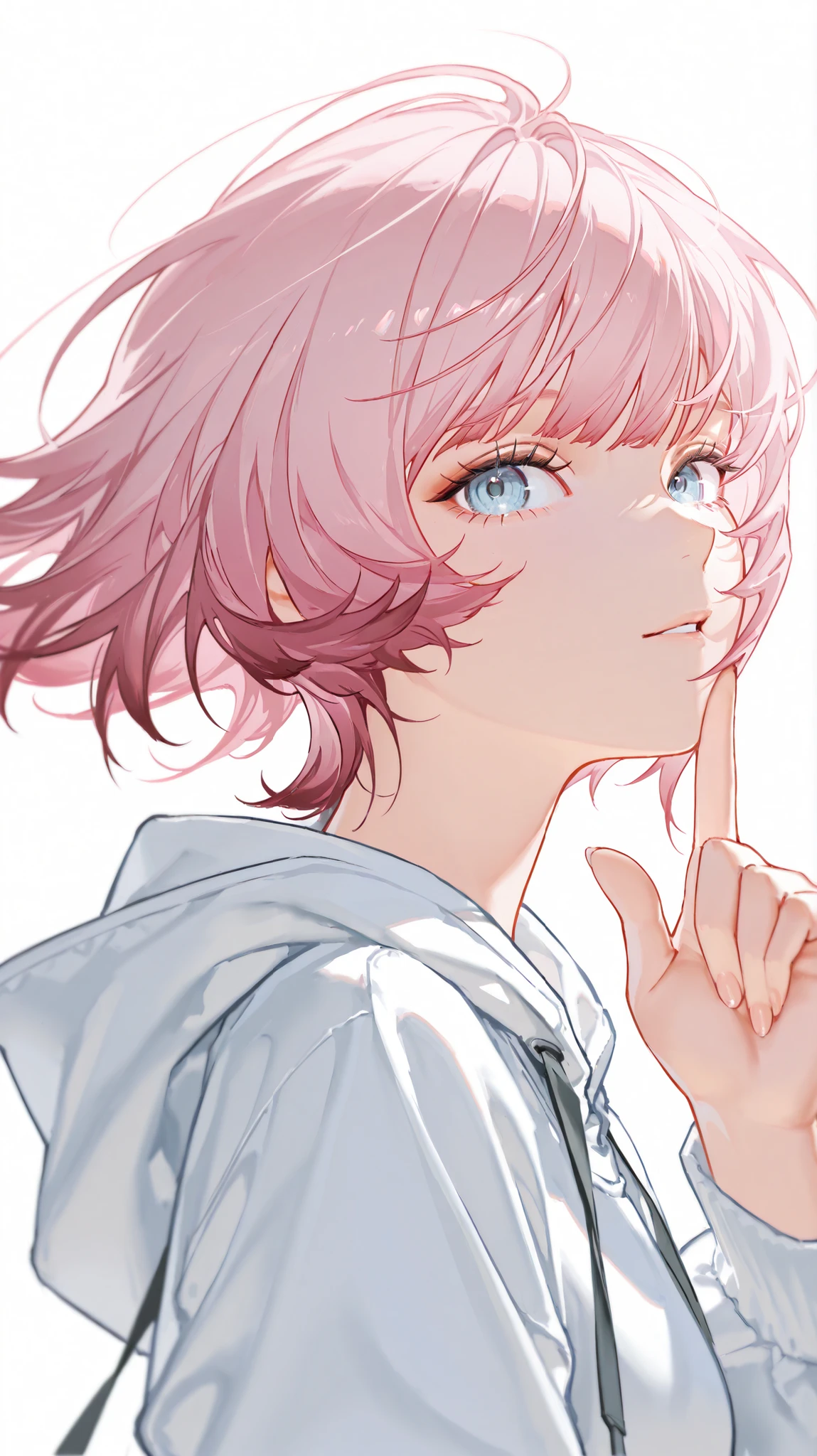 1girl, pink hair, dynamic, blue eyes, high detailed eyes, simple background, looking at the viewer, stylish, wolf cut hair, upper body, white hoodie, arknights-like outfit, from side, no ears, cool girl, Detailed perspective. Realistic style, with fine details. High level of detail in the character's face and hands. Character style suggestive of a fantasy or game-related character design. --ar 16:9 --v 5