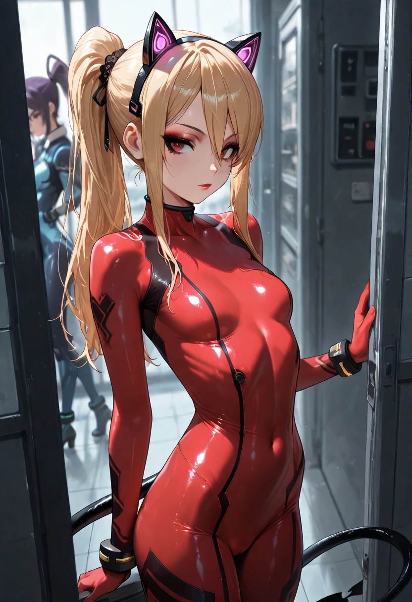 Dynamic Angle,Natural lighting,Official art,Luminous Eyes, Best Quality,Best Quality,masutepiece,extremely delicate and beautiful, Extremely detailed, amazing, finely detail,Asuka,Interface headset,Looking at Viewer, Shy, Open mouth, lightsmile,plugsuit,Red_body suit,mechs,Arms outstretched towards the camera,Handcuffed arms,Tear off the handcuffs,Girl tearing the chain of handcuffs,