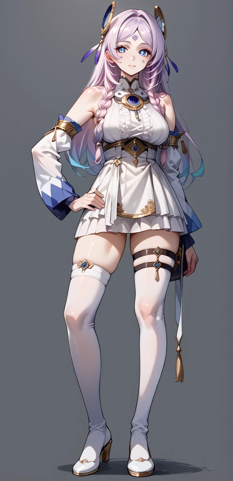 ((masterpiece:1.2)), ((highest quality)),((three-sided view, front view, side view, back view, multiple views, multiple poses and expressions, many parts)), concept art, character concept art, character sheet, (masterpiece), best quality, 1girl, solo, a girl in armor and a crown,white armor, golden decoration, off-shoulder, breasts, thighhighs, long hair, brown hair, sidetail, green eyes, armored legs, cleavage, bare shoulders, zettai ryouiki, crown, gloves, armor, simple background, white gloves, biue dress, high heels, shoulder armor, medium breasts
