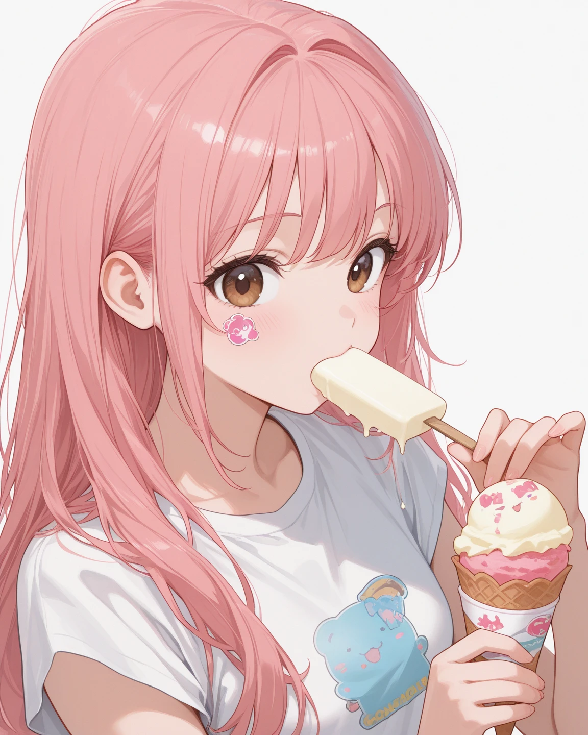 Anime girl with large breasts, long pink hair, and a ponytail, light skin, looking like she's eating ice cream. 