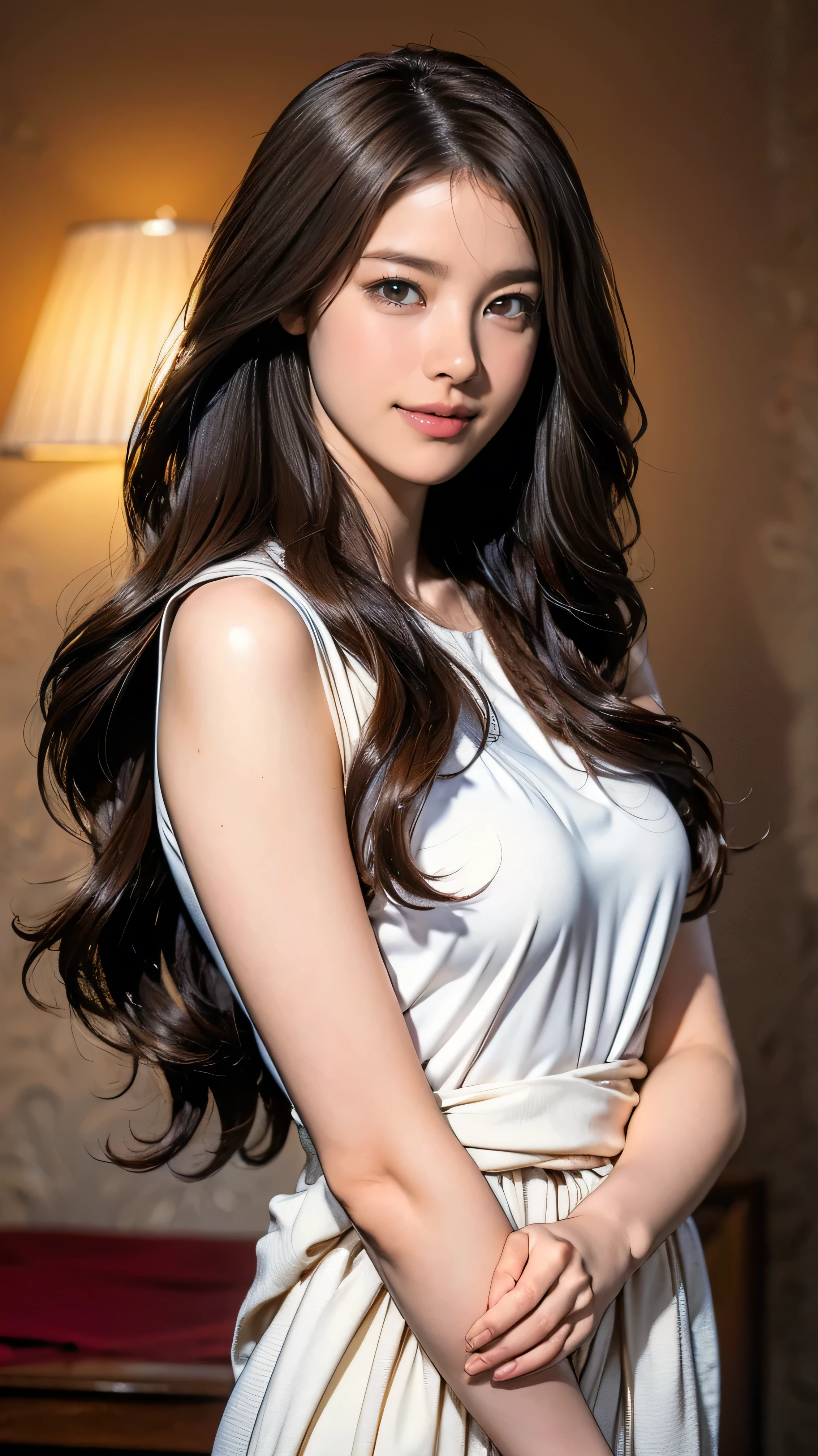 [Prompt for creating a photo of a glossy hair model at a beauty salon]
Gender: Female
Age: Late 20s
Hair length and color: Medium shoulder-length hair, dark brown color
Eye color: Dark brown
Skin tone: Natural olive-toned skin tone
Styling and makeup requests: Hair is smooth and shiny. Makeup is simple and natural. She uses a light base makeup that makes her skin look brighter and a natural nudie pink lip color.
Costume style: Wear a simple and elegant blouse and jeans combination.
Facial and Pose Instructions: Pose with a confident smile and stroke your hair.
Elements and features to enhance shiny hair: Soft backlighting enhances the shine of hair. Add light waves to the hair to create a glossy feeling.