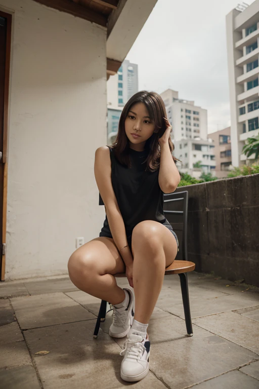(Best quality, high resolution, masterpiece: 1.3), a beautiful korean woman in hijab, big breasts, sitting on stairs, 30 years old, wearing tight satin swim shirt, Full Body, vomiting mouth, Wearing Headphones, jungle background