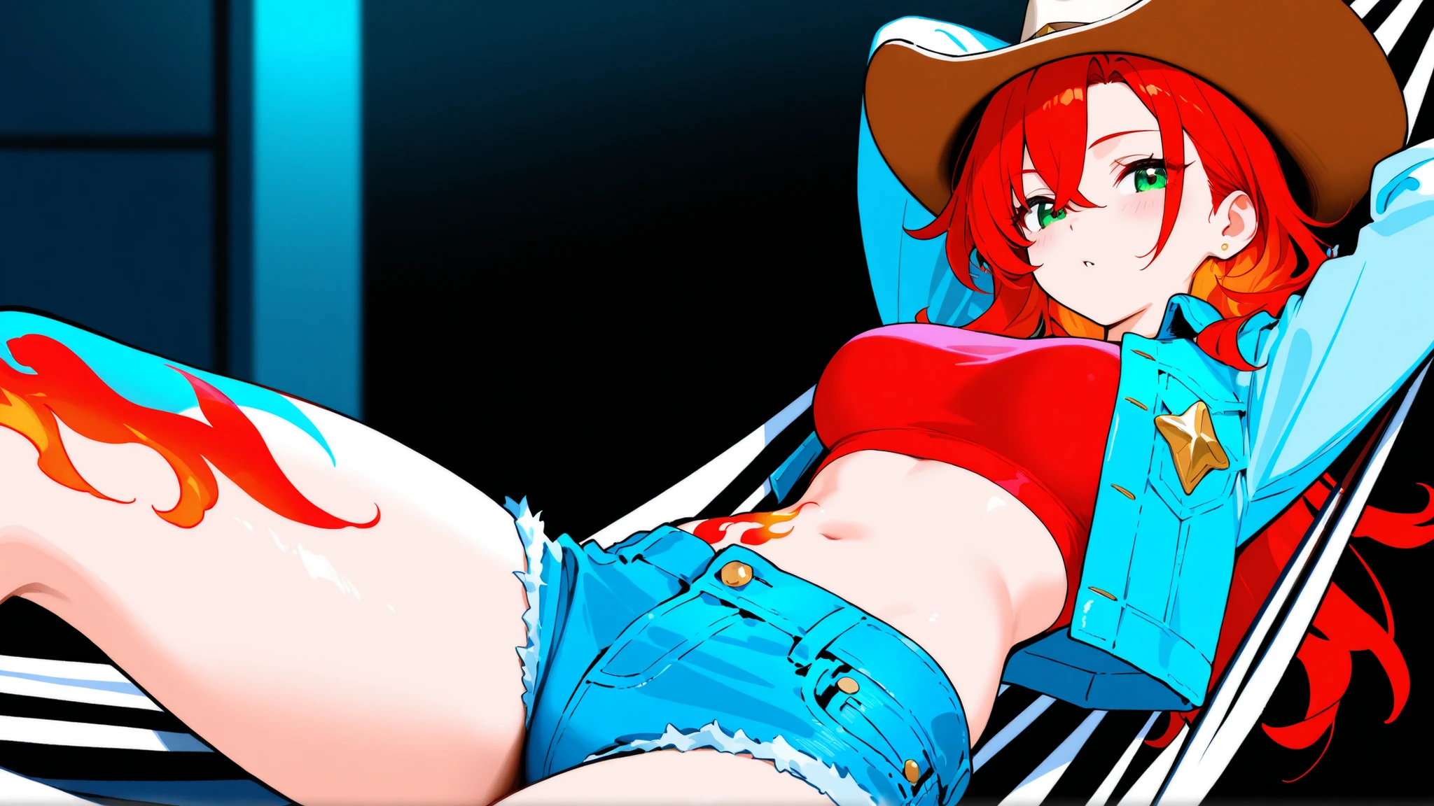 crop top denim jacket, glamorous body, cowboy hat, flame tattoo, hammock