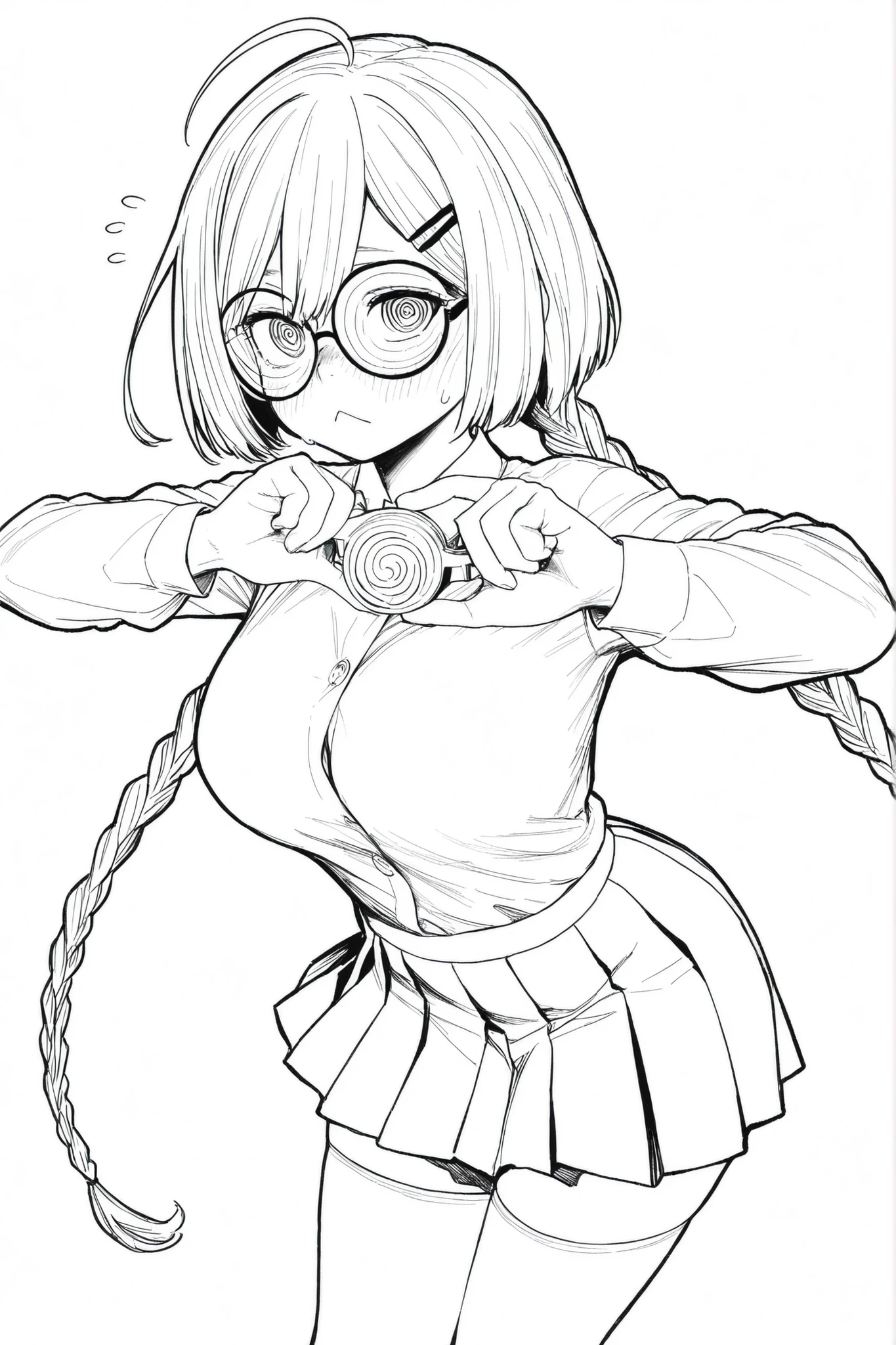 score_9, score_8_up, score_7_up, score_6_up, score_5_up, score_4_up, monochrome, greyscale, line art, lineart, Timbrook
BREAK
(masterpiece: 1.0), best quality, perfect anatomy, perfect composition, perfection, Realistic proportions, realistic anatomy,
BREAK
use of shape theory, use of anatomy, defined body, defined textures, defined fabric folds, monochrome, greyscale, line art, lineart. (dynamic pose, foreshortening, foreshortening, dynamic pose,) by kohei horikoshi
BREAK
masterpiece, best quality, amazing quality, very aesthetic, absurdres, highres, newest, simple background, masterpiece, best quality, amazing quality, intricate detail, highly detailed, absurdres, 1girl, solo, long hair, breasts, looking at viewer, blush, simple background, shirt, large breasts, skirt, blonde hair, hair ornament, white background, thighhighs, holding, very long hair, school uniform, white shirt, ahoge, bob-cut, long sleeves, thighs, sweat, pleated skirt, alternate costume, hairclip, skirt, sparkle, 2 braids, thick braids, cowboy shot, face focus, upper body focus, flying sweatdrops, :<, round eyewear, @ @, opaque glasses, big glasses, coke-bottle glasses, dynamic pose, high angle