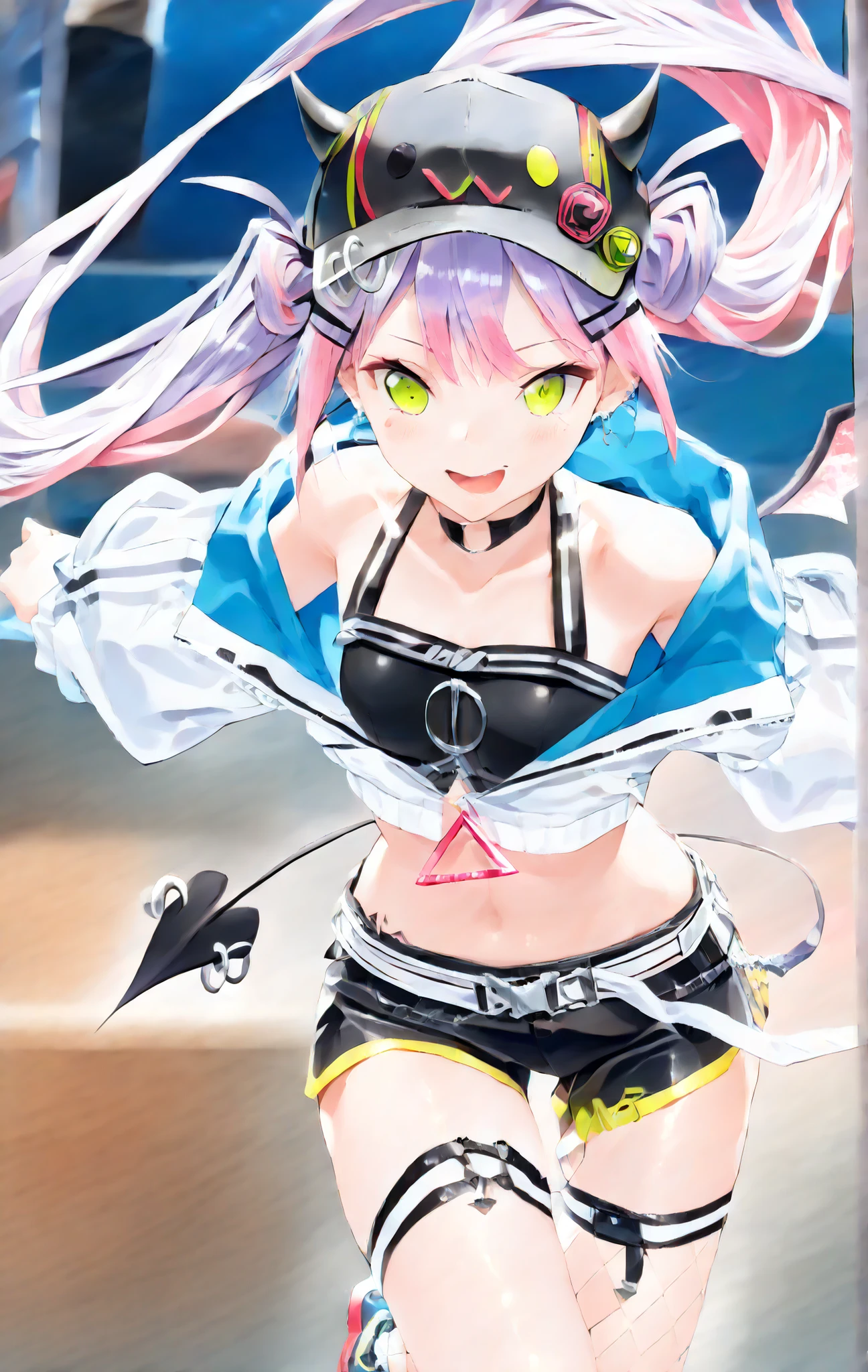 (1 girl:1.5),(16k,best quality, masterpiece:1.5), UHD, anatomically correct, ccurate, textured skin, super detail, high details, award winning, best quality, high quality, 1080P, retina, HD, highly detailed, absurdres, HDR, (photorealistic:1), {{ultra-detailed:1.3}}, {illustration:1.3}, {{an extremely delicate and beautiful:1.3}}, {{hires latent:1.3}}, (3x magnification of the image and resolution:1.2),(very realistic:1.3), (hyperrealism:1.3),(Ultra-high resolution:1.2), (16K quality:1.2),( hyper-detailed textures:1.2), (and cinematic lighting capture every fine detail with striking clarity:1.2).BREAK
(full body :1), (close up:0.8),(sharp and anatomically accurate hands and fingers:0.6) ,natural and well-proportioned hand gestures,(exquisite facial features:1.2),(shiny skin:1.2),(sweat:0.6),((small breasts:1.3)), (>3< face:1.3),(Jumping Dynamic Dance:1.2).BREAK
Ultra-high-resolution illustration of Tokoyami Towa from Hololive, exuding a cool yet playful charm. Her vibrant purple hair, styled in a side ponytail with soft, wispy bangs, flows naturally, enhancing her confident and mischievous aura.
Her sharp, striking pinkish-red eyes shimmer with intensity, reflecting her energetic and rebellious personality. Her smooth, fair skin glows with a subtle radiance, highlighted by soft shading that accentuates her youthful yet slightly edgy features.
Her expression is a mix of confidence and playfulness, with a sly smirk that adds to her captivating presence. Her relaxed yet lively posture embodies her cool, carefree nature, radiating both charisma and charm.
Rendered in ultra-sharp 16K clarity, capturing every detail of her radiant skin, expressive eyes, and flowing hair with stunning precision.BREAK
1girl, solo, towa_base, twintails, two-tone jacket, closed jacket, cropped jacket, off shoulder, black crop top, black short shorts, fishnet thighhighs, single thighhigh, baseball cap, demon wings,demon tail, piercings.BREAK