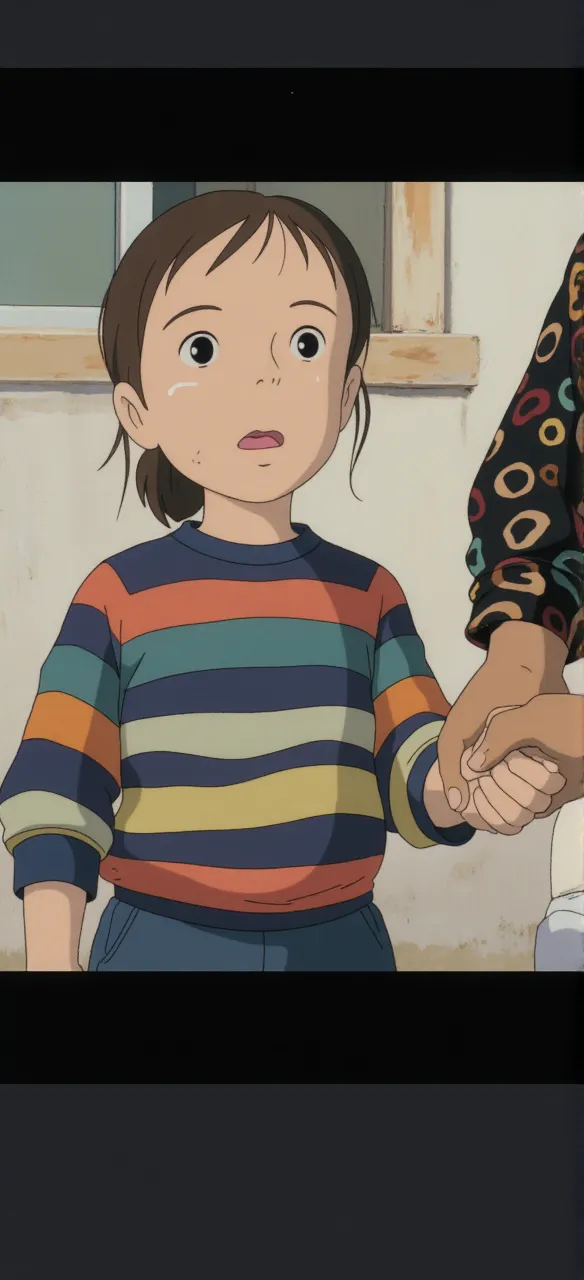 The person is also generated vertically.Create a highly detailed image of a young woman and a small . The young woman should have short brown hair and be dressed in a yellow blouse with an orange skirt. She is looking over her shoulder with a slightly surprised or concerned expression. The small , who has brown hair tied in a ponytail, is clinging to the young woman's hand and looking up with a mischievous or determined expression.