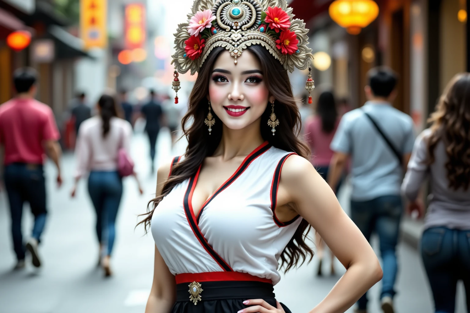 (8k, highest quality, ultra detailed:1.37), (Lena), 18yo, (a beautiful German college girl), immerses herself in the vibrant atmosphere of a cultural festival. She is dressed in a traditional-inspired outfit with a modern twist, showcasing her cultural pride. The high-resolution image captures ultra-detailed realism, highlighting Lena's captivating eyes, long eyelashes, and smooth complexion. The colorful decorations and joyful expressions of the crowd add to the festive ambiance, creating a visually stunning representation of cultural celebration and diversity.