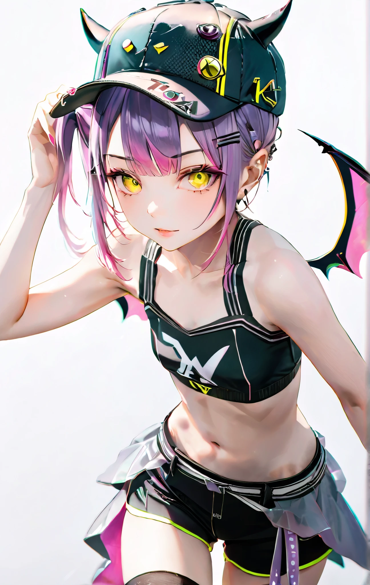 (1 girl:1.5),(16k,best quality, masterpiece:1.5), UHD, anatomically correct, ccurate, textured skin, super detail, high details, award winning, best quality, high quality, 1080P, retina, HD, highly detailed, absurdres, HDR, (photorealistic:1), {{ultra-detailed:1.3}}, {illustration:1.3}, {{an extremely delicate and beautiful:1.3}}, {{hires latent:1.3}}, (3x magnification of the image and resolution:1.2),(very realistic:1.3), (hyperrealism:1.3),(Ultra-high resolution:1.2), (16K quality:1.2),( hyper-detailed textures:1.2), (and cinematic lighting capture every fine detail with striking clarity:1.2).BREAK
(full body :1), (close up:0.8),(sharp and anatomically accurate hands and fingers:0.6) ,natural and well-proportioned hand gestures,(exquisite facial features:1.2),(shiny skin:1.2),(sweat:0.6),((small breasts:1.3)), (>3< face:1.3),(Jumping Dynamic Dance:1.2).BREAK
Ultra-high-resolution illustration of Tokoyami Towa from Hololive, exuding a cool yet playful charm. Her vibrant purple hair, styled in a side ponytail with soft, wispy bangs, flows naturally, enhancing her confident and mischievous aura.
Her sharp, striking pinkish-red eyes shimmer with intensity, reflecting her energetic and rebellious personality. Her smooth, fair skin glows with a subtle radiance, highlighted by soft shading that accentuates her youthful yet slightly edgy features.
Her expression is a mix of confidence and playfulness, with a sly smirk that adds to her captivating presence. Her relaxed yet lively posture embodies her cool, carefree nature, radiating both charisma and charm.
Rendered in ultra-sharp 16K clarity, capturing every detail of her radiant skin, expressive eyes, and flowing hair with stunning precision.BREAK
1girl, solo, towa_base, twintails, two-tone jacket, closed jacket, cropped jacket, off shoulder, black crop top, black short shorts, fishnet thighhighs, single thighhigh, baseball cap, demon wings,demon tail, piercings.BREAK