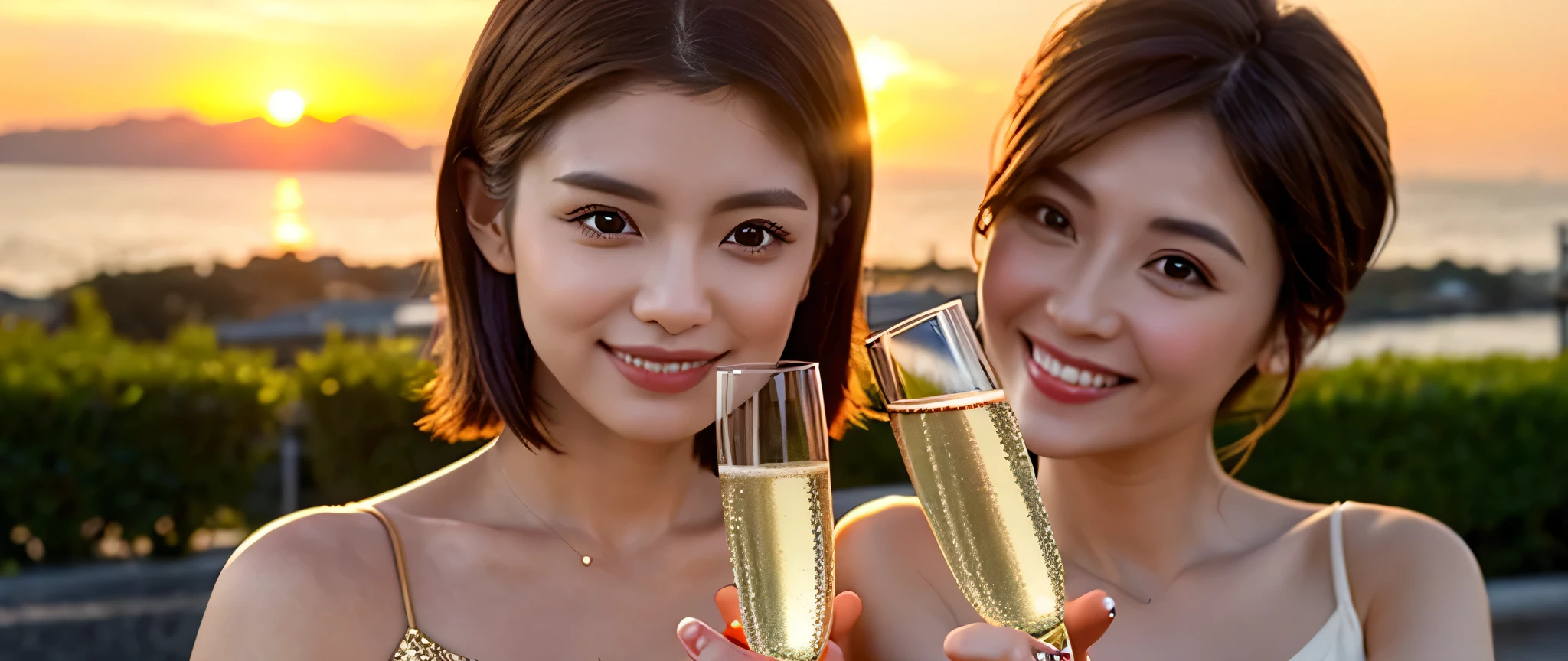 ((Highest quality、、masterpiece:1.3))、1 male、1 female,44 years old 39 years old、Shine the light on my face、Slim Beauty、Beautiful couple、Upper Body、smile、 (Slim face), (the body is スリム), (Brown Hair), (Shortcuts), テーブルのフルコースディナーとwine glass、Amazing view of the sunset sky and clouds、smileの美しさ、Wine bottle、sparkling wine、Long sleeve shirt、dress、White wine, red wine, wine glass, Beautiful fine grain, Depth f/2,saturation, High Contrast, Strong light and shadow,Moist Body:1.5、 texture、The hair is very shiny、