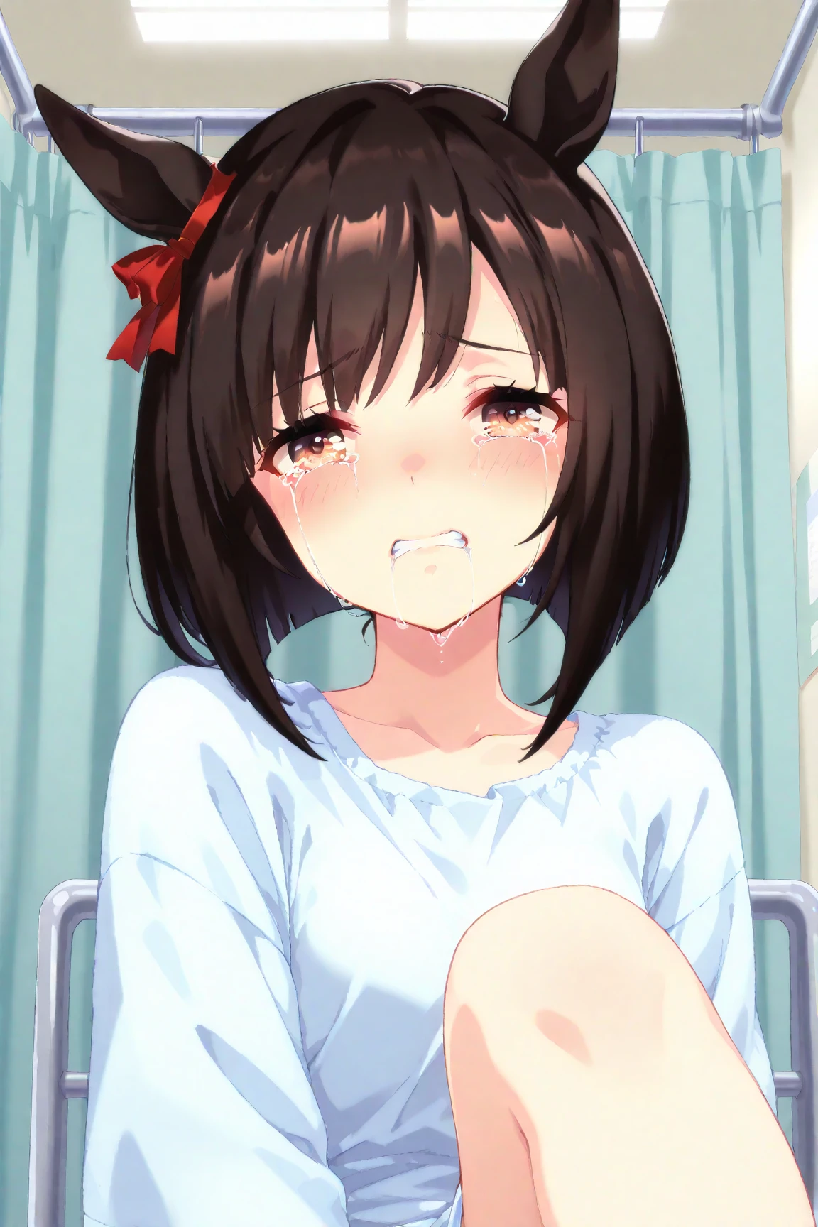 Solo,anime style,hospital,pyjamas,big cast on rightside leg,BLACK HAIR SHORT BOB,brown eyes,sobbing,umamusume,digital art