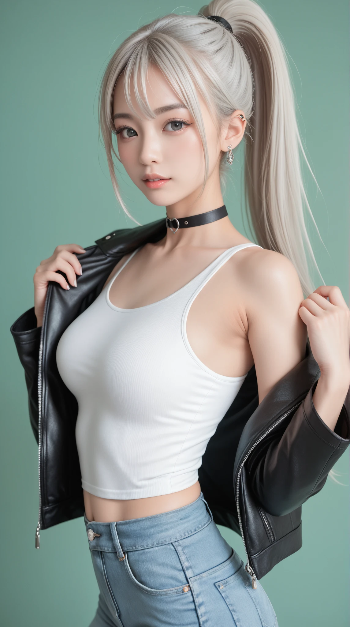 Beautifully saturated photos by Emily Soto, (Cute Japan idol woman), clavicle, (mature:1.3), highest quality, humid, Fascinating,skinny, (smile:1.2), no_panties, (Large Breasts:1.5), (masterpiece),(highest quality),(((Pussy:1.3))), ((photoRealistic)), One girl, (Silver Hair:1.2), (high twintail::1.5), Big Ass, Gray background, lips, Realistic, A konigsreuter, (tube Top:1.6), (High-Waisted Shorts and thighhighs:1.5), (from side:1.5), (looking at viewer:1.2)