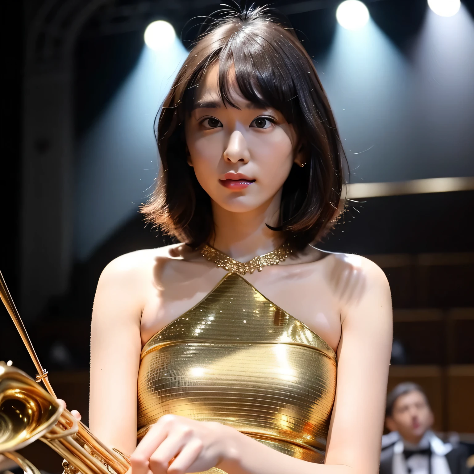 Depict a 20-year-old, dazzlingly beautiful woman playing a brass instrument in a grand concert hall. She wears an elegant yet practical band uniform, designed with intricate gold embroidery. Her posture is poised, fingers positioned with precision, her eyes focused as she plays passionately. The warm stage lighting highlights the shine of her instrument, creating a visually striking contrast between her and the surrounding orchestra. Dark hair, bob haircut, dark eyes.