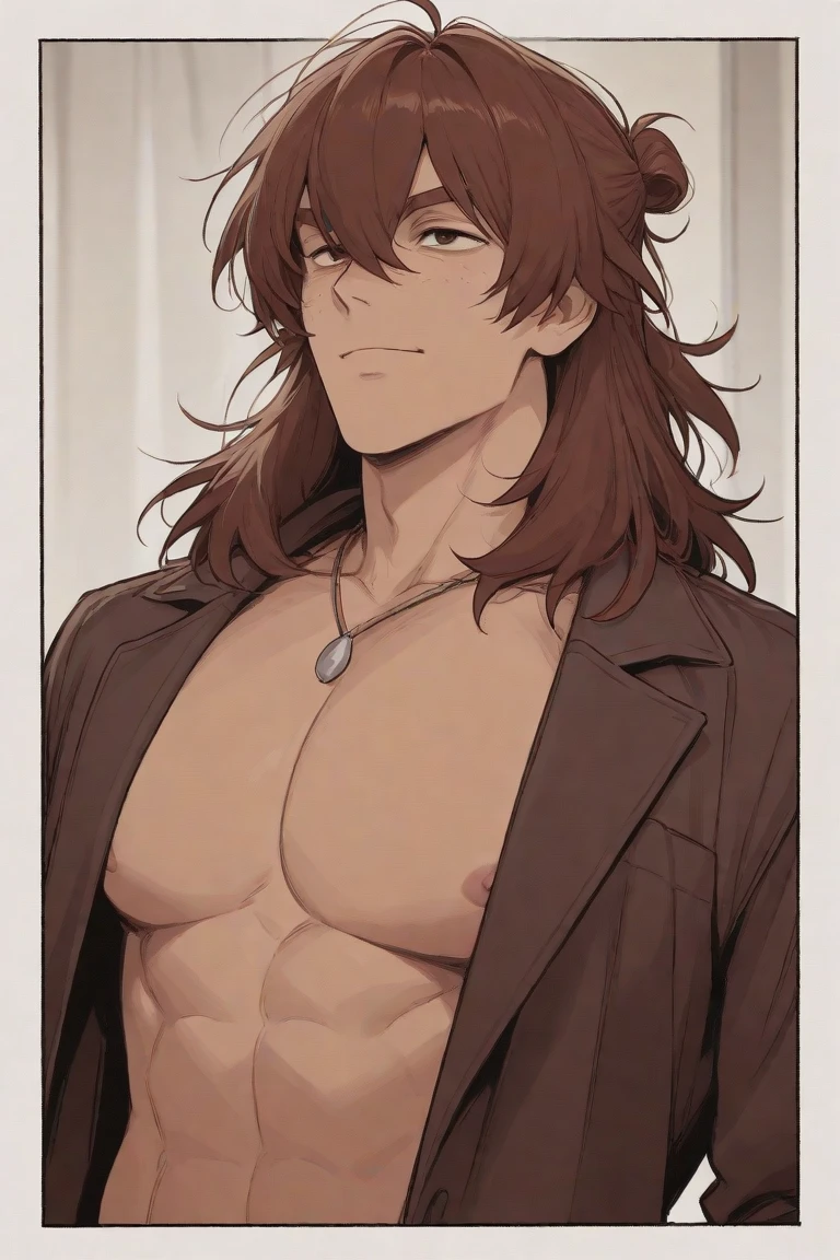 A boy with feminine appearance, short dark curly hair, with light skin and brown eyes, naked showing his slim and curvy body, in a room in front of a strong black man