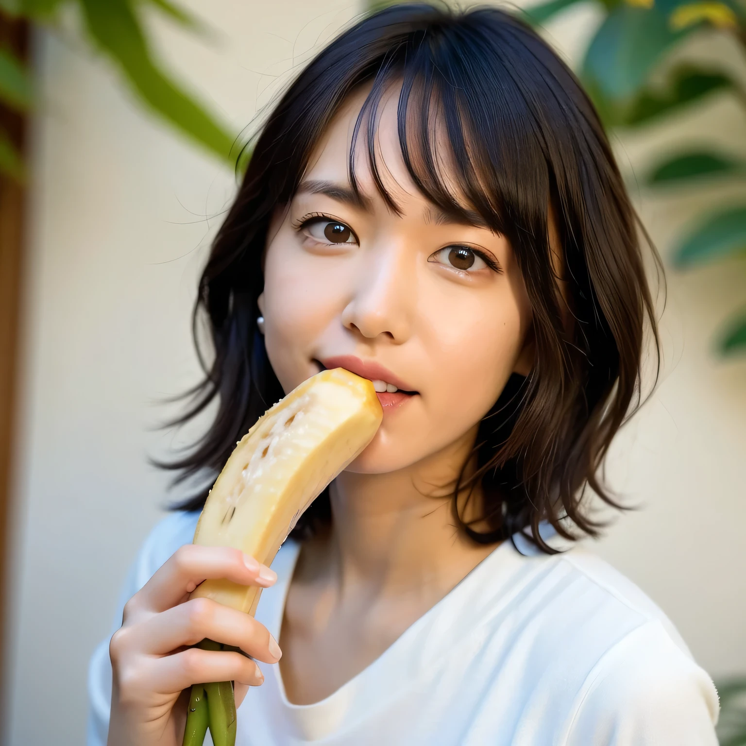 She is holding a banana with its peel partially removed, revealing the white fruit inside. She is eating the exposed white part. Dark hair, bob haircut, dark eyes.