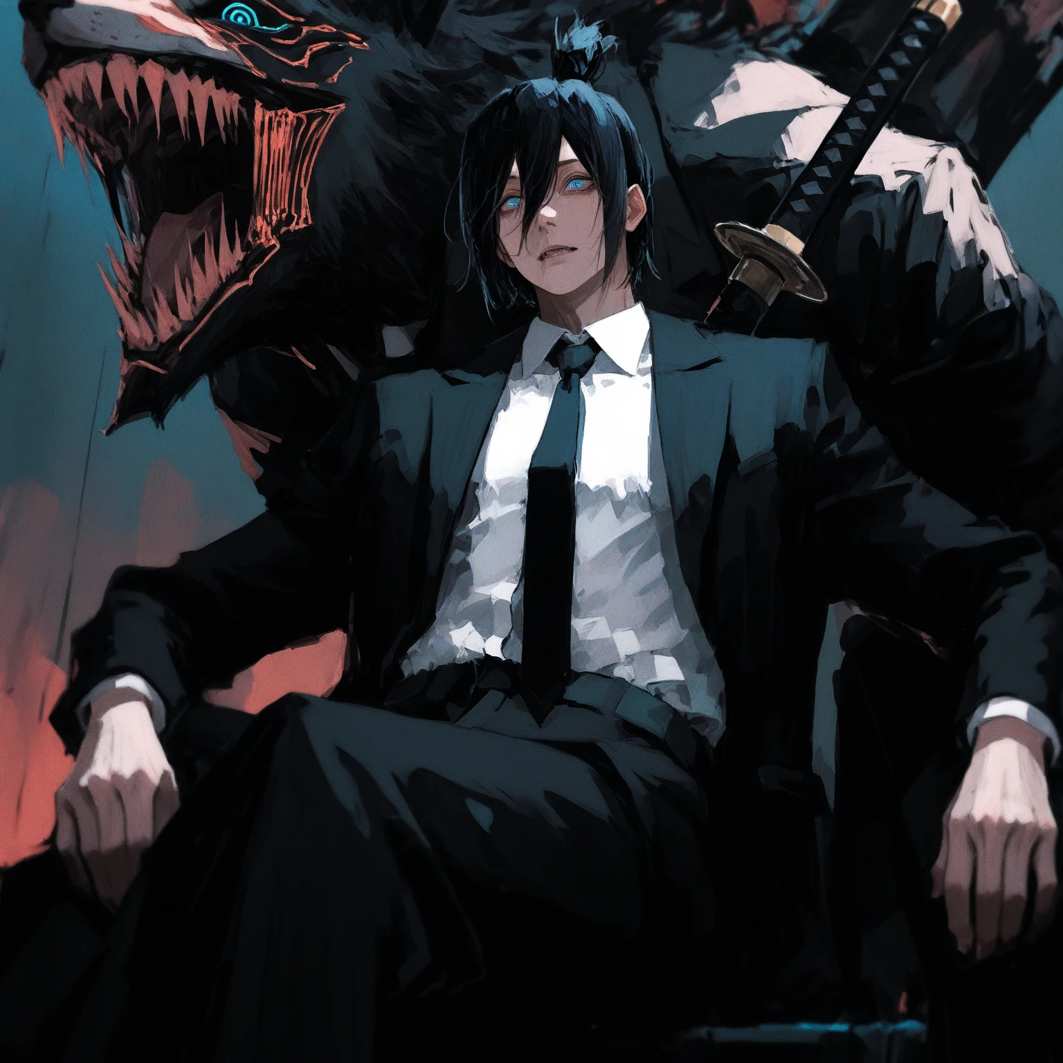 fox devil \(chainsaw man\), chainsaw man, 1boy, sharp teeth, ringed eyes, blue eyes, extra eyes, hair between eyes, black hair, short hair, suit, white shirt, collared shirt, black jacket, suit jacket, black pants, suit, black necktie, weapon on back, katana, topknot, formal, formal, cosboy shot, dynamic pose
