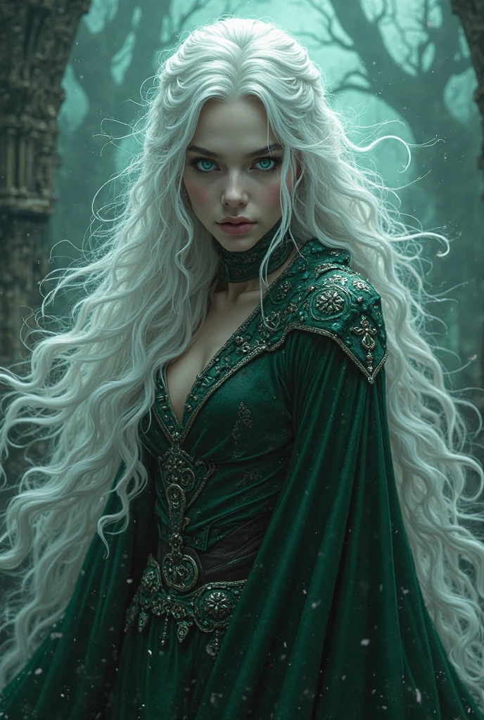 medieval times,A handsome woman resembling a man has long dark green hair、Golden eyes,The expression is cold,A poisonous snake wrapped around his neck,viciousness,unholy,badass,Wearing white delicate religious clothes,In the middle of the wilderness,Full body like。