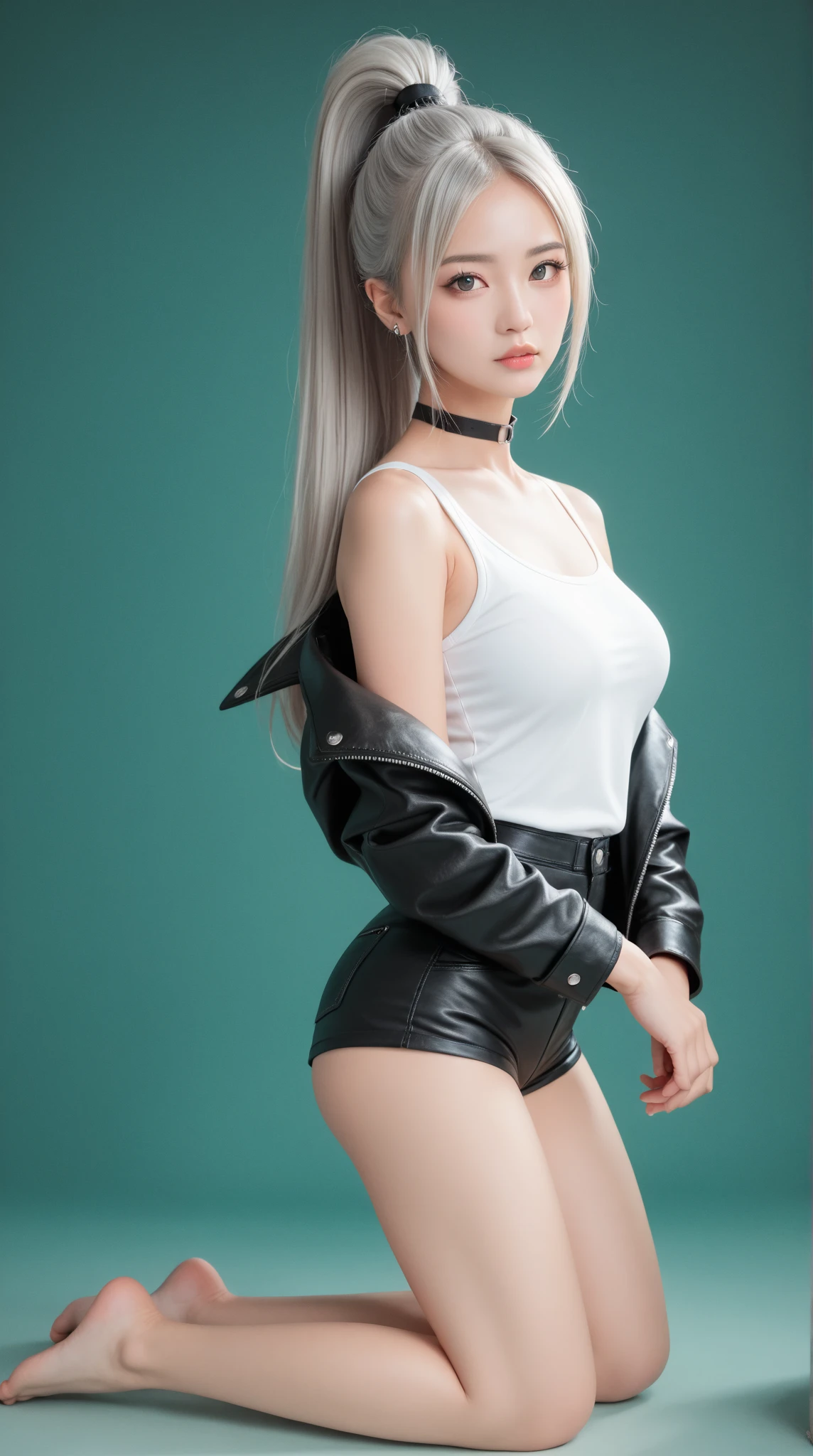 (((masterpiece))), cowboy shot, highest quality, Super detailed, blush, Cute and playful, Huge eyes, leather jacket, silver hair, Fluffy hairstyles, elastic chest, Eyes that strike the heart, sweet expression, navel piercing, Dynamic and cute poses. Tube top, micro hot pants, (tatoo), (nsfw),